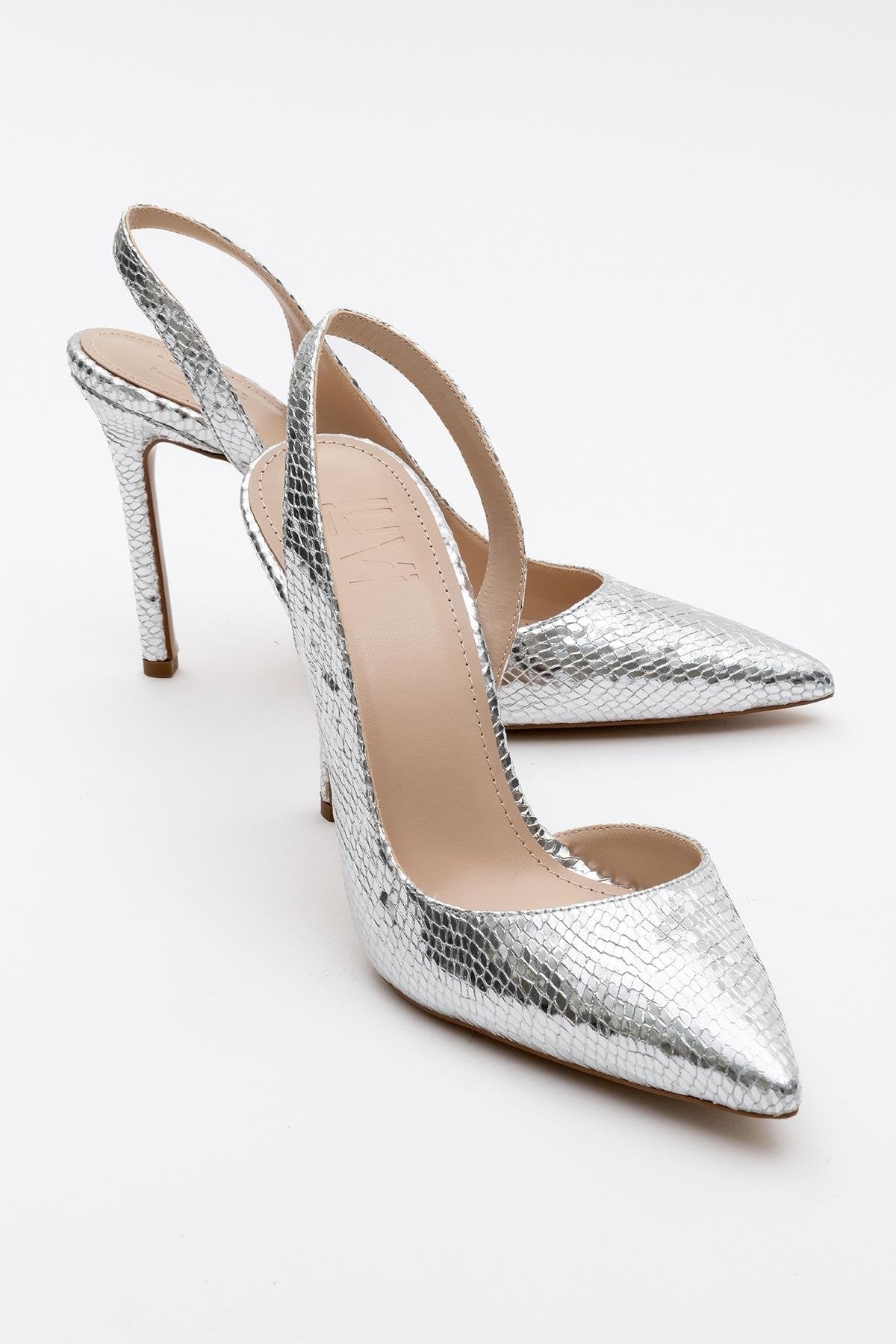 Twine - Silver Patterned High Heel – front three-quarter view showing leather, silver, Vowalisse