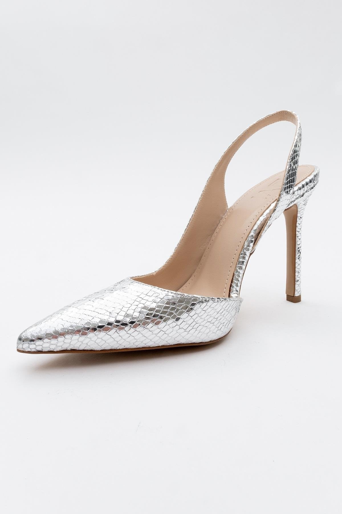 Twine - Silver Patterned High Heel – detail view showing leather, silver, Vowalisse