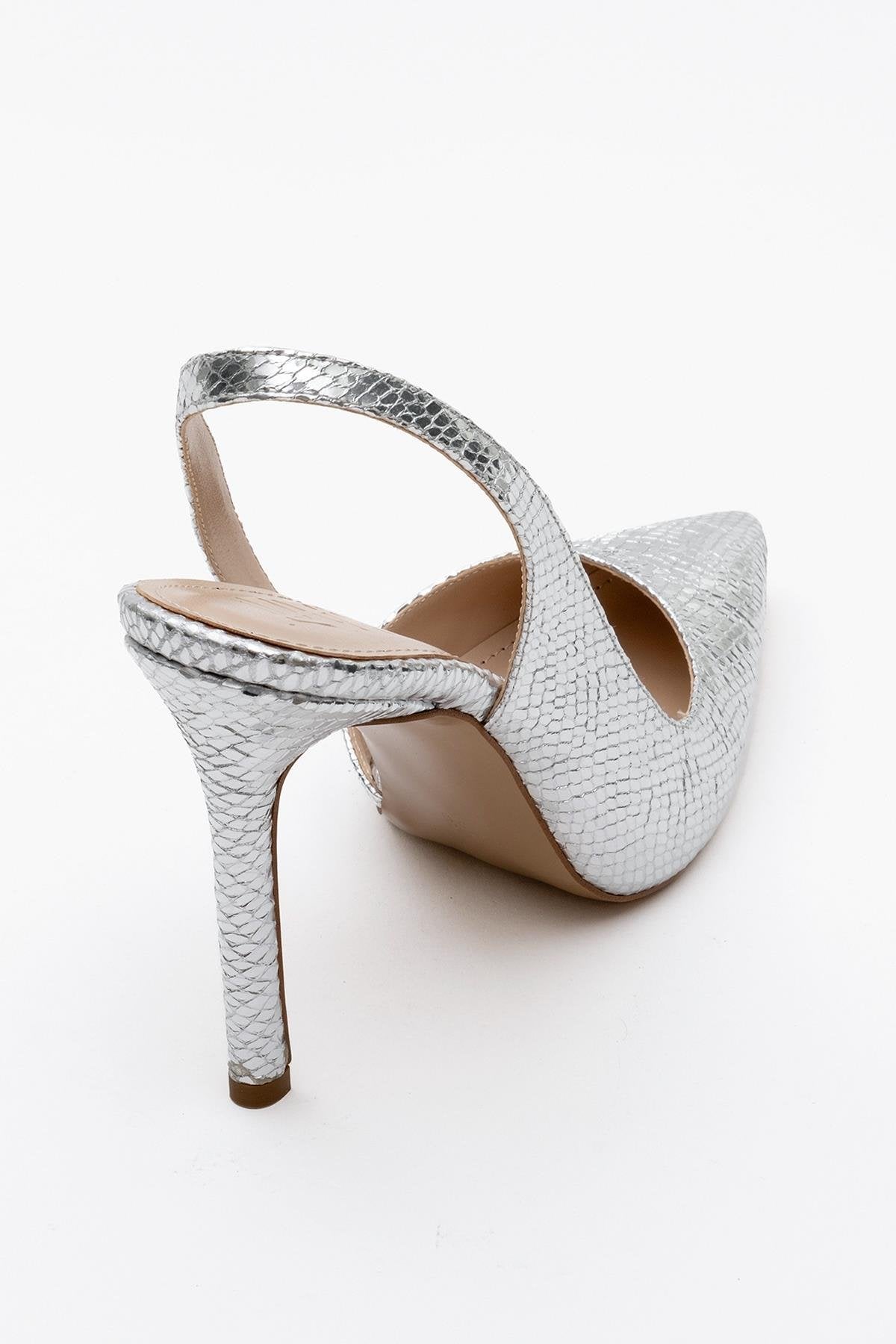 Twine - Silver Patterned High Heel – heel view showing leather, silver, Vowalisse