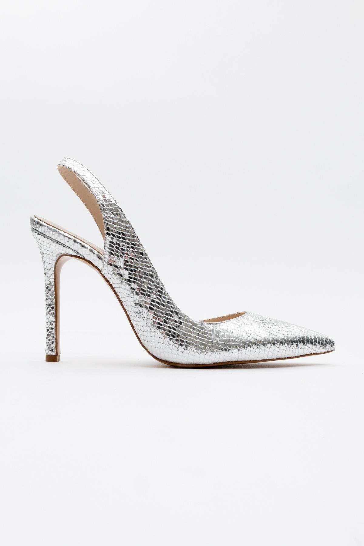 Twine - Silver Patterned High Heel – back view showing leather, silver, Vowalisse