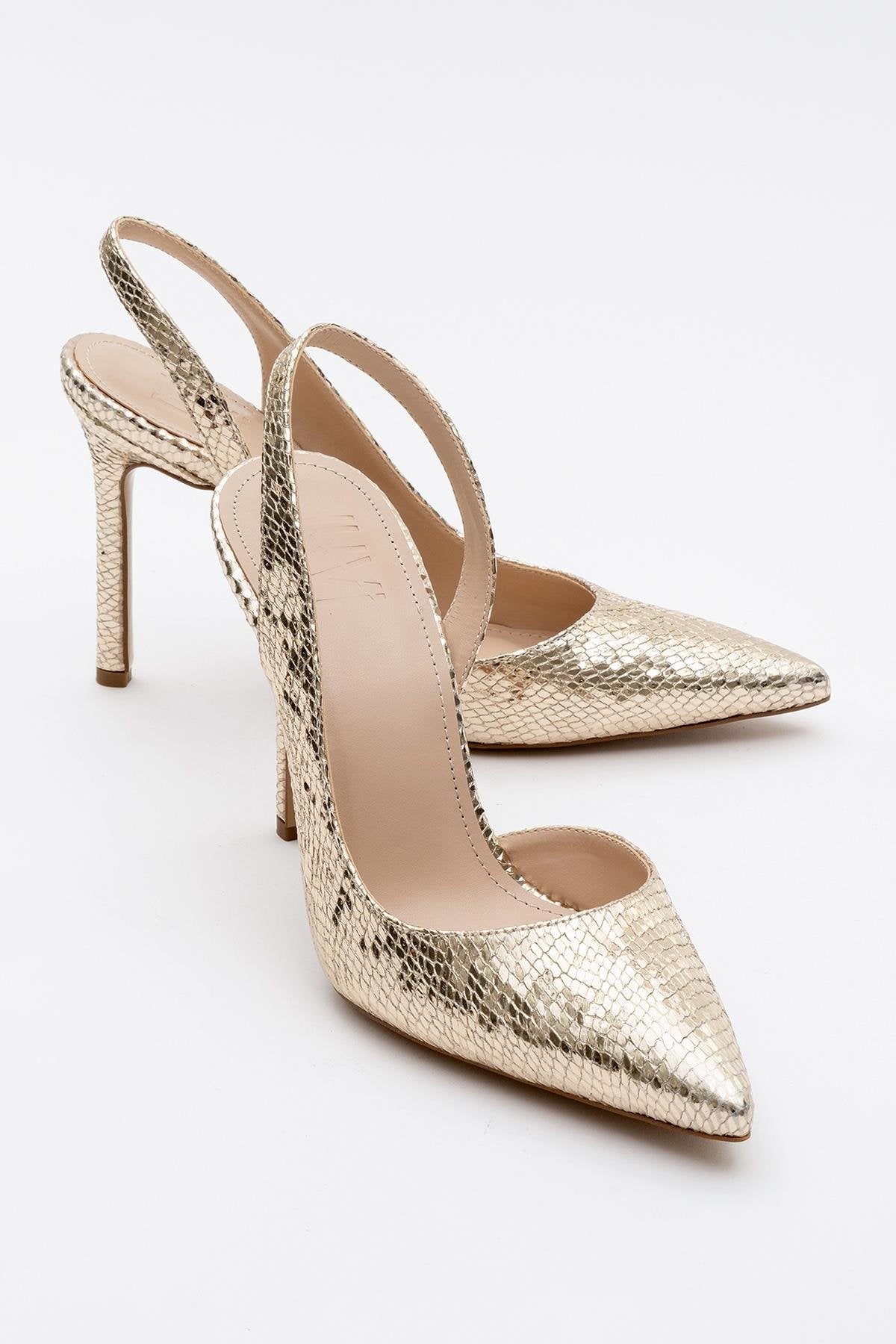 Twine - Gold Patterned High Heel – front three-quarter view showing leather, gold, Vowalisse