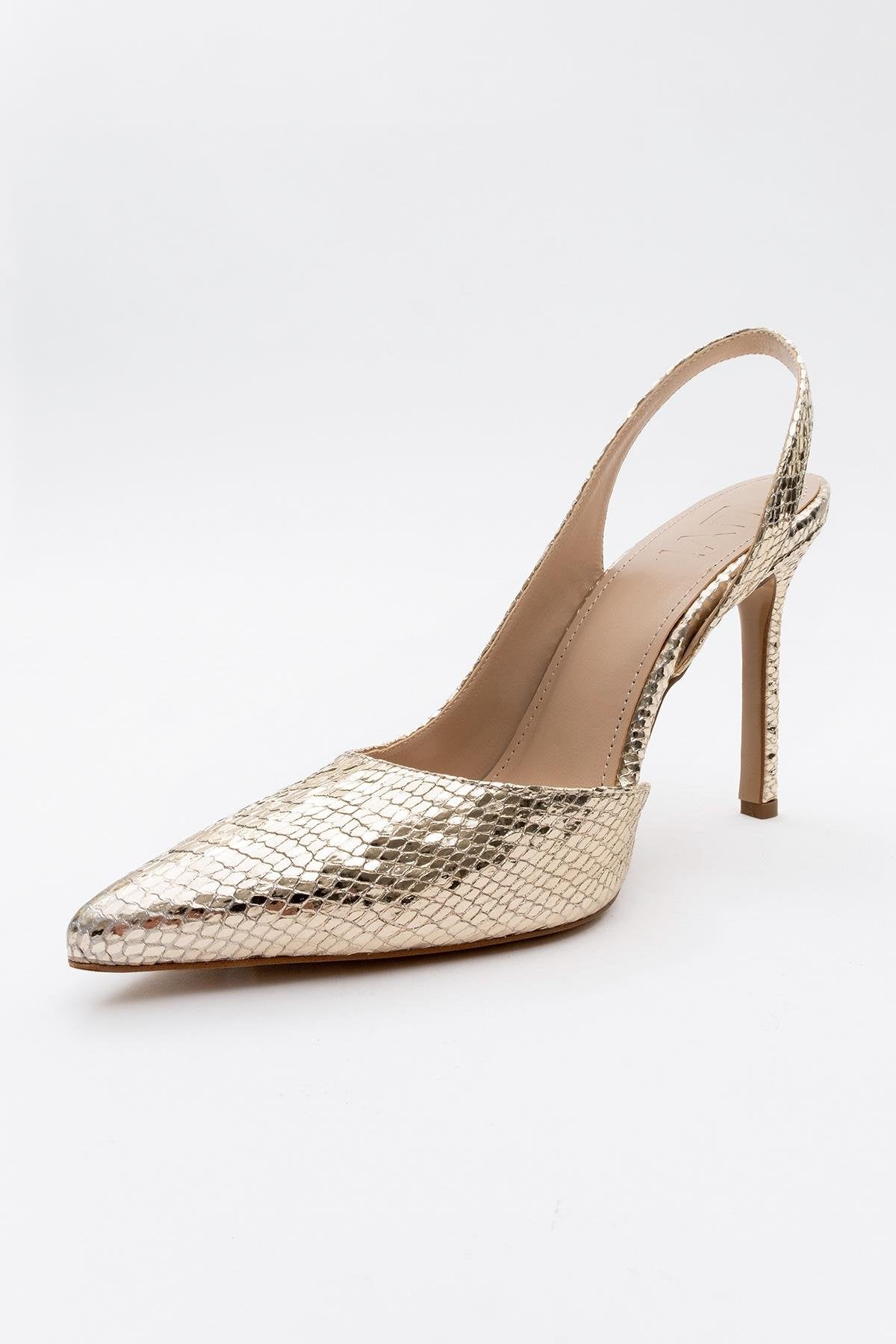 Twine - Gold Patterned High Heel – detail view showing leather, gold, Vowalisse
