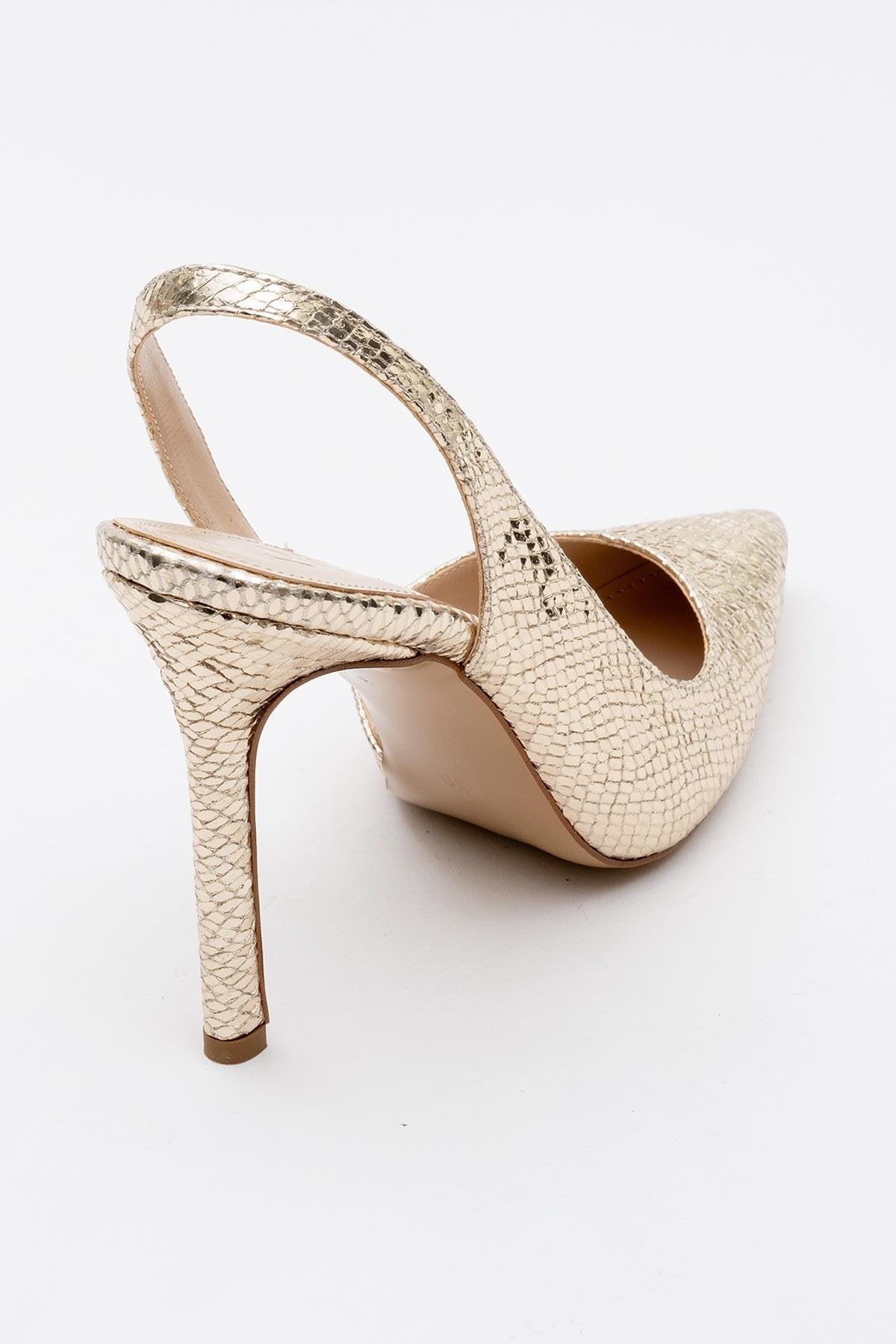 Twine - Gold Patterned High Heel – heel view showing leather, gold, Vowalisse