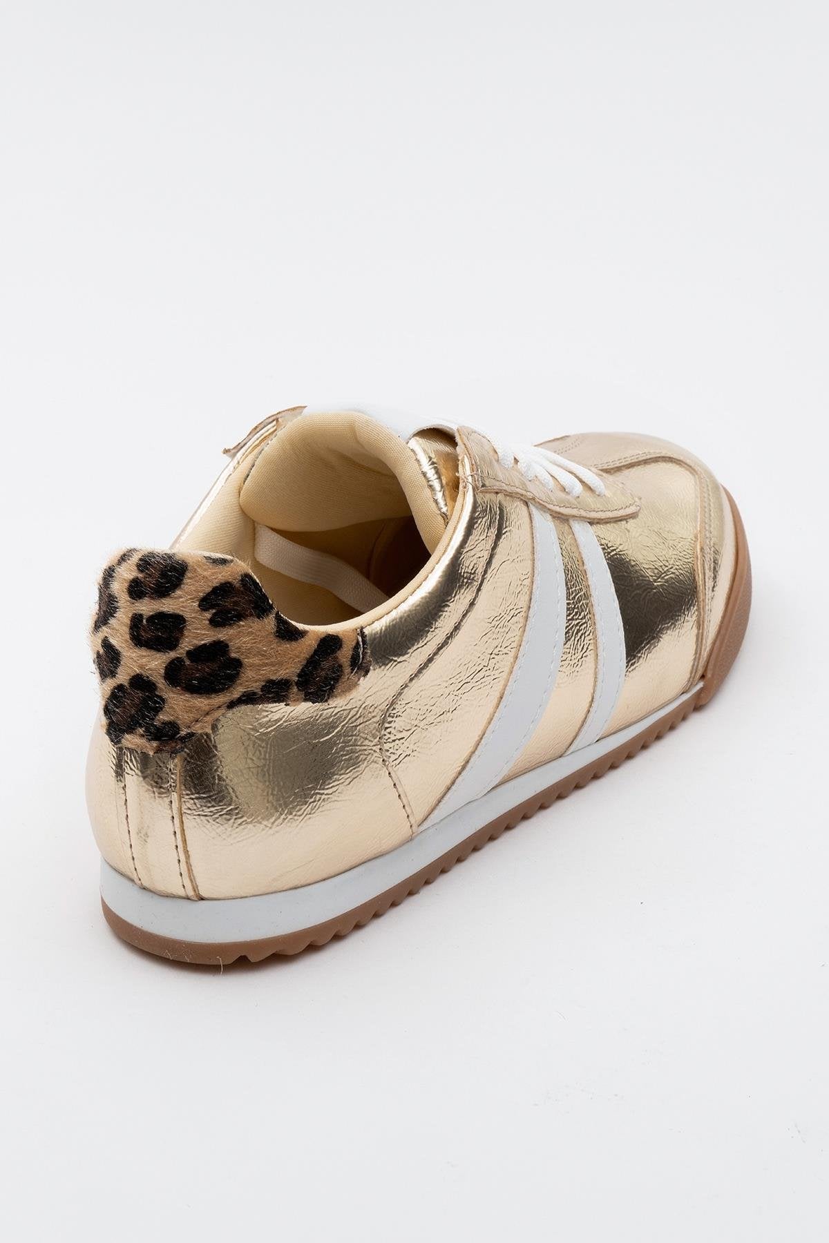 Jimmy - Gold Sneaker – heel view showing leather, gold, Vowalisse