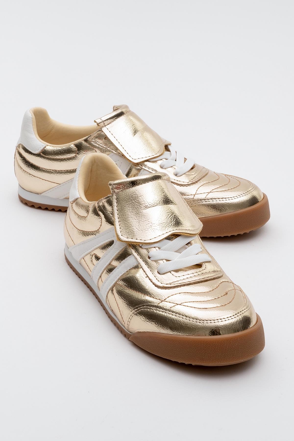 Bria - Gold Sneaker – front three-quarter view showing leather, gold, red, Vowalisse