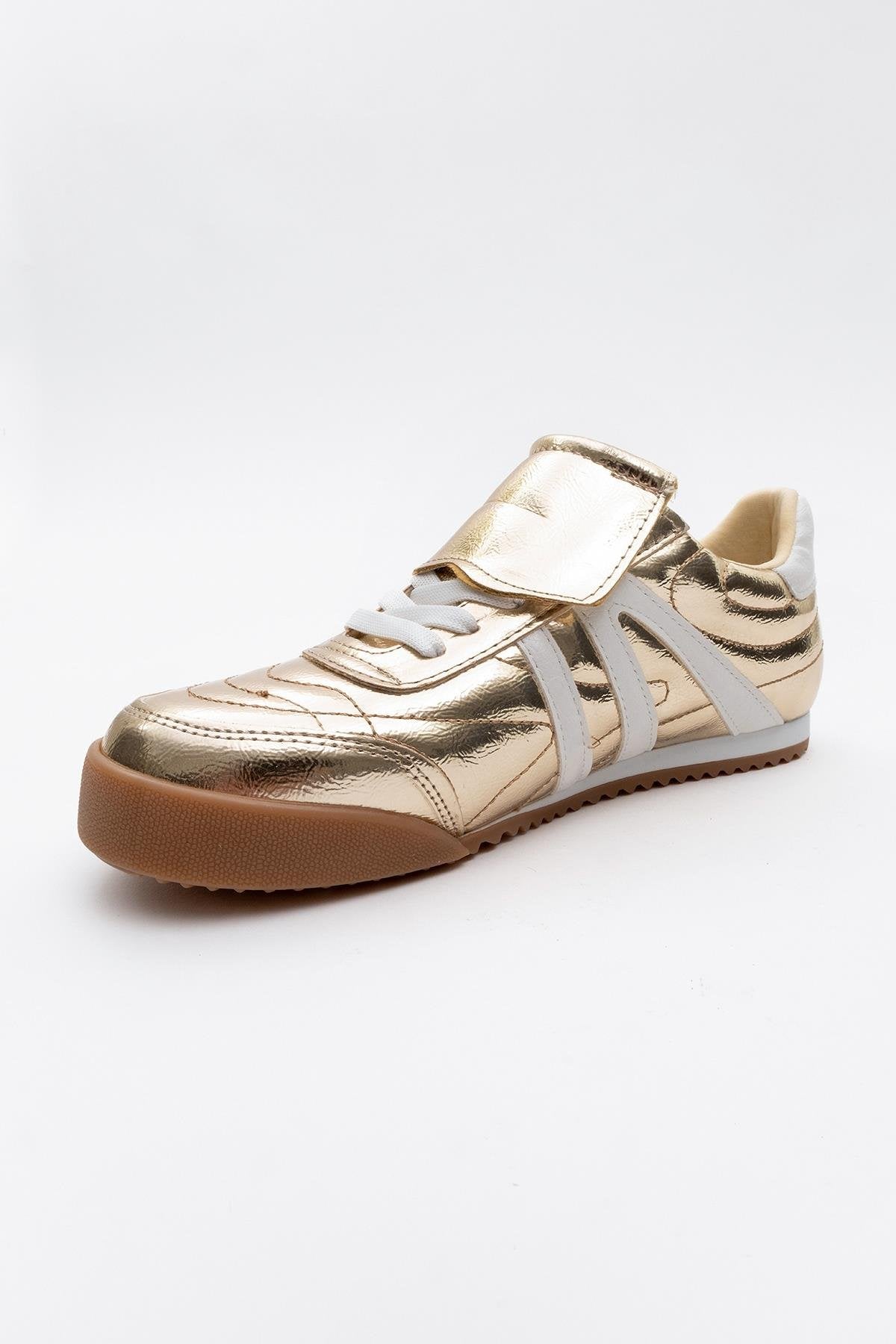 Bria - Gold Sneaker – detail view showing leather, gold, red, Vowalisse