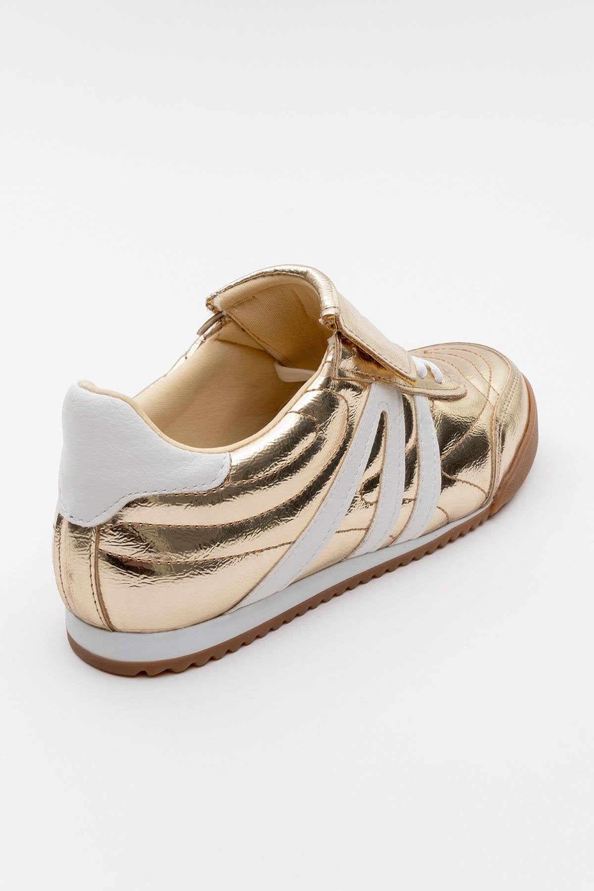 Bria - Gold Sneaker – heel view showing leather, gold, red, Vowalisse