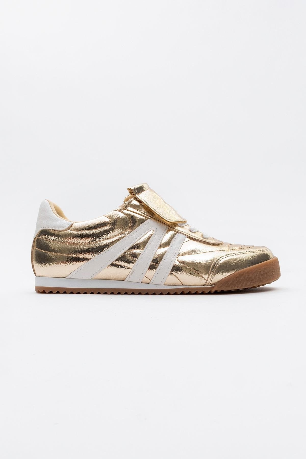 Bria - Gold Sneaker – back view showing leather, gold, red, Vowalisse