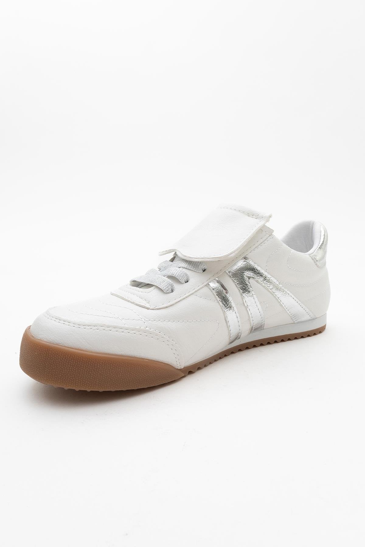 Bria - White Sneaker – detail view showing leather, white, red, Vowalisse