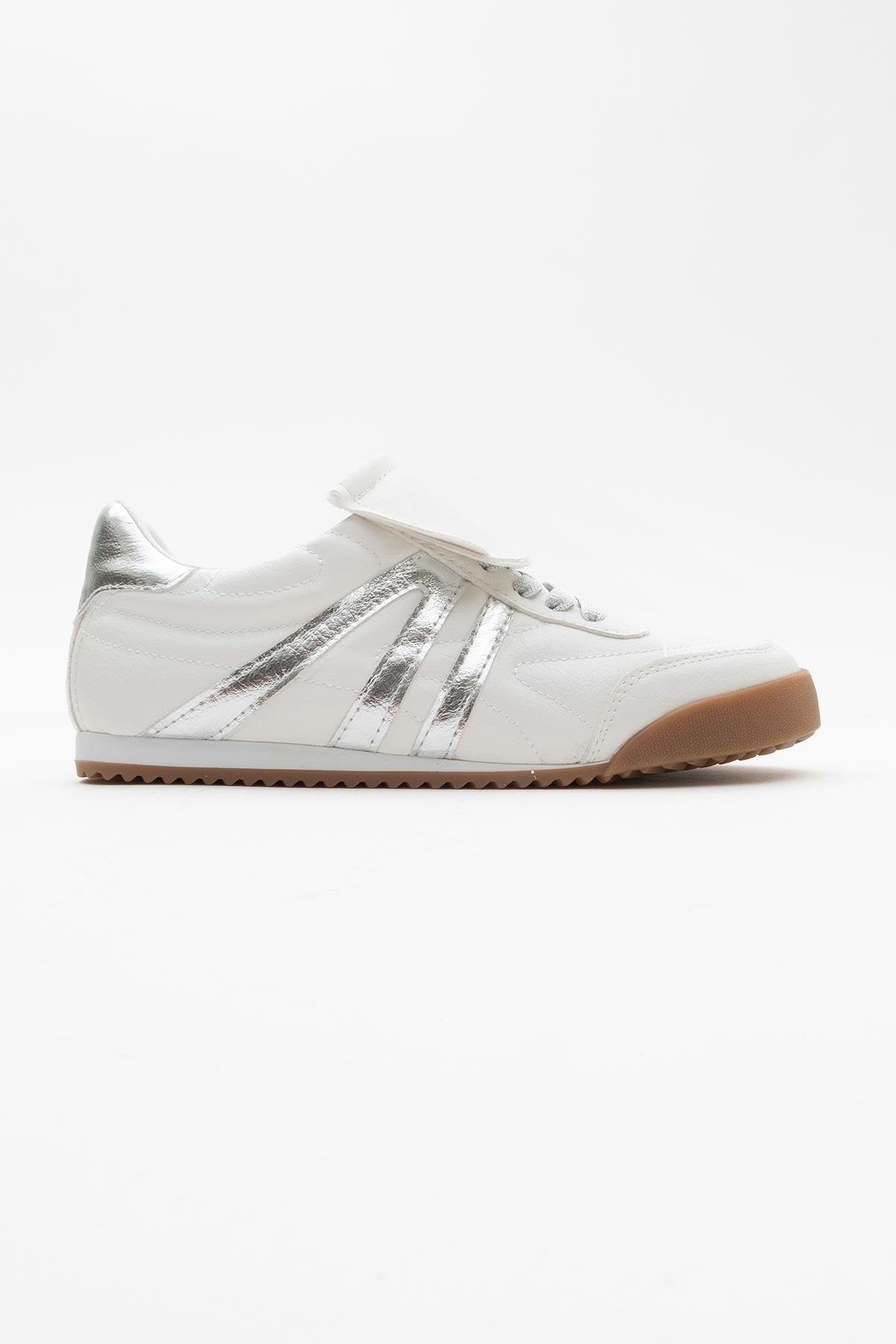 Bria - White Sneaker – back view showing leather, white, red, Vowalisse