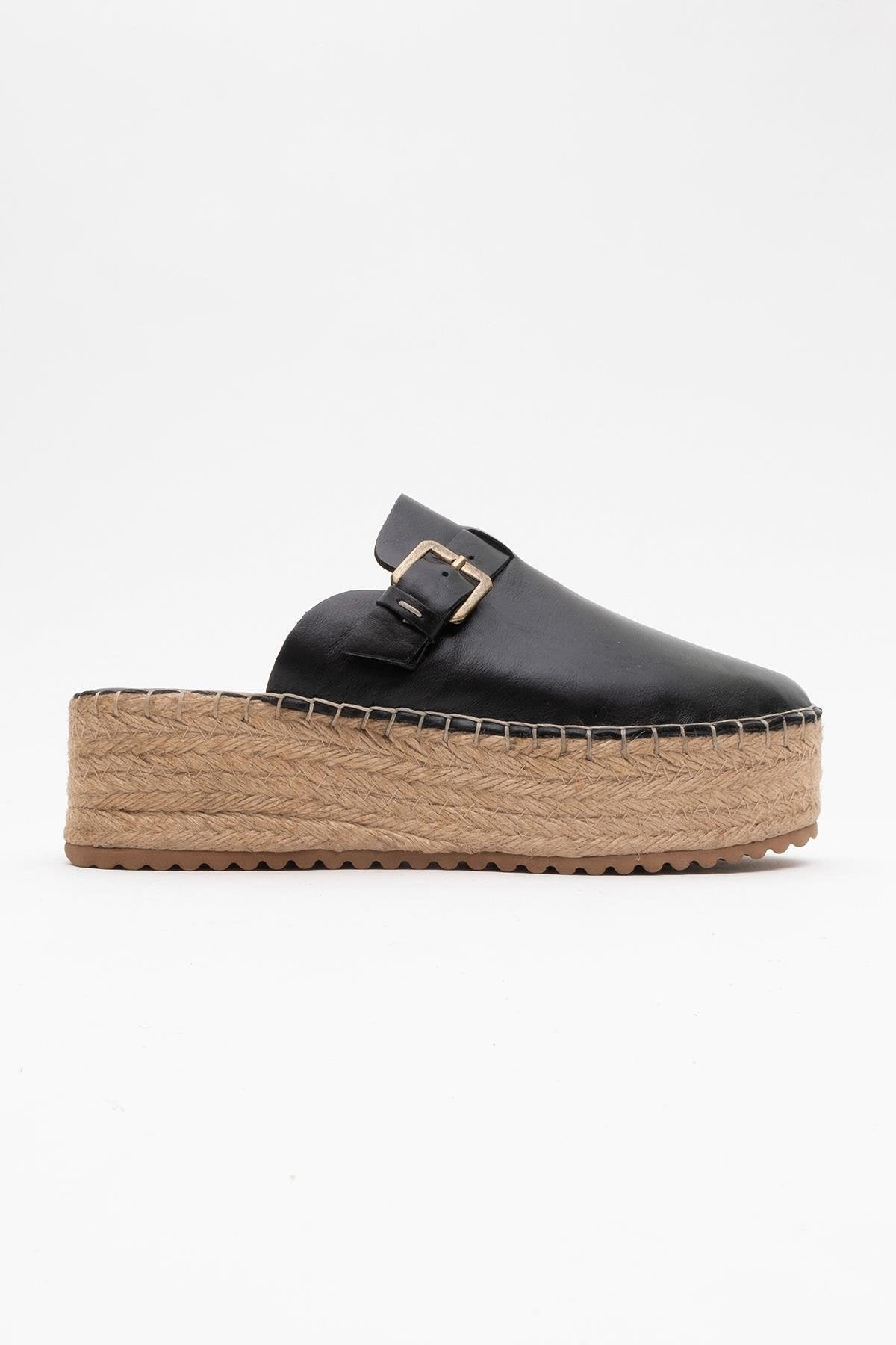 Novas - Black Leather Platform Espadrille Mule – back view showing leather, black, red, Vowalisse