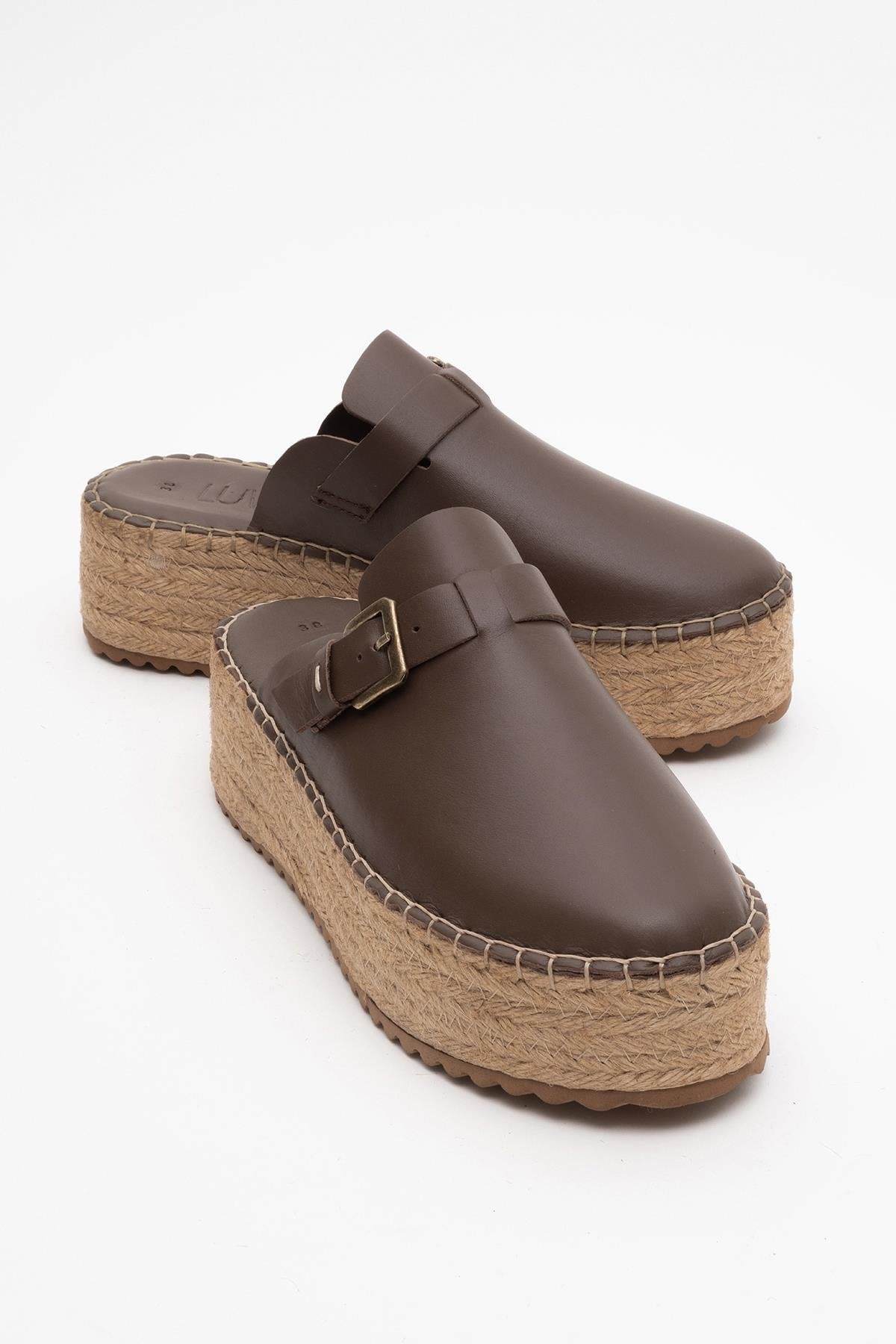 Novas - Brown Leather Platform Espadrille Mule – front three-quarter view showing leather, red, Vowalisse