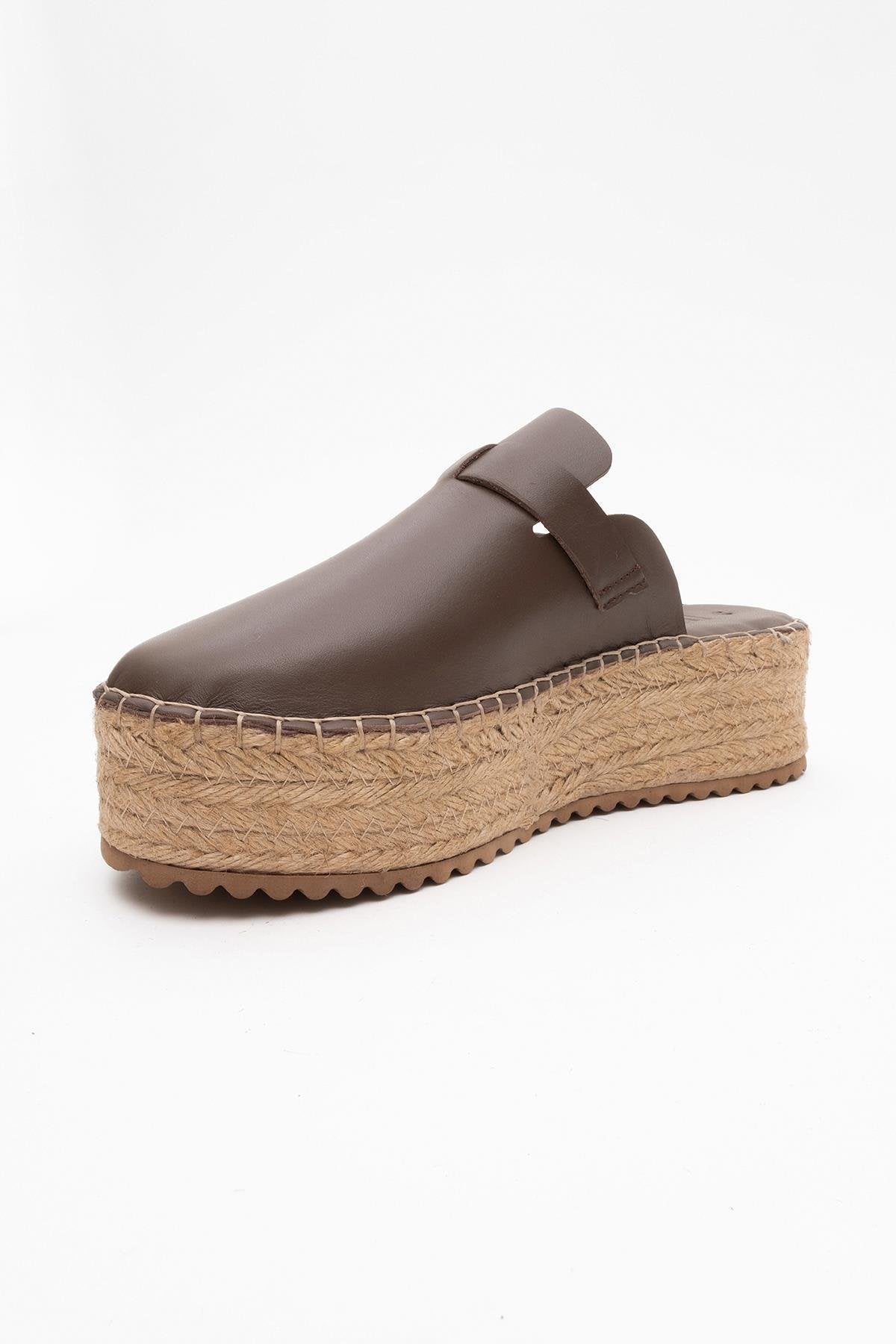 Novas - Brown Leather Platform Espadrille Mule – detail view showing leather, red, Vowalisse