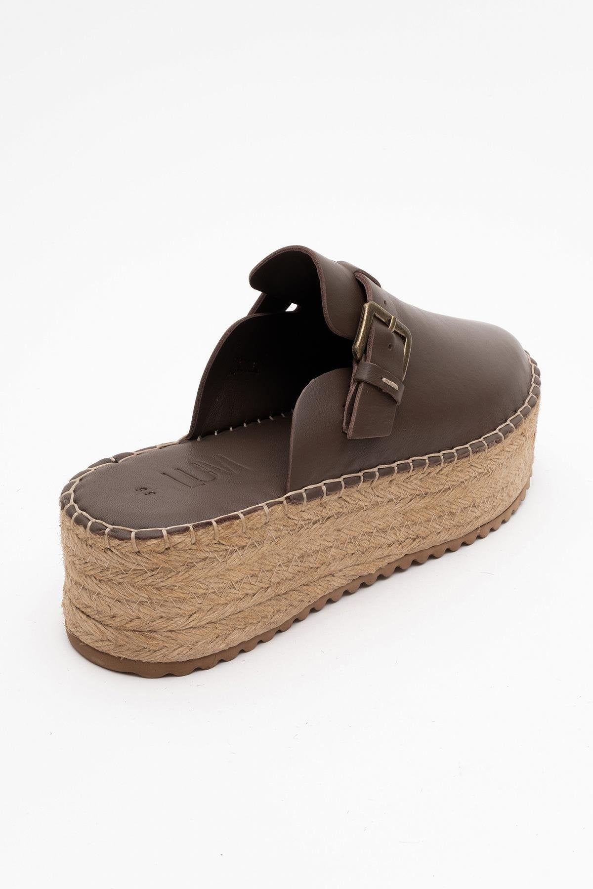 Novas - Brown Leather Platform Espadrille Mule – heel view showing leather, red, Vowalisse