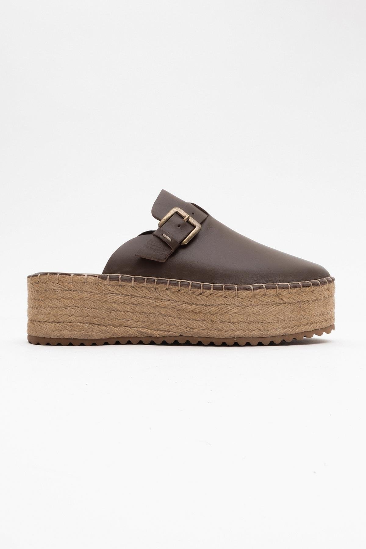Novas - Brown Leather Platform Espadrille Mule – back view showing leather, red, Vowalisse