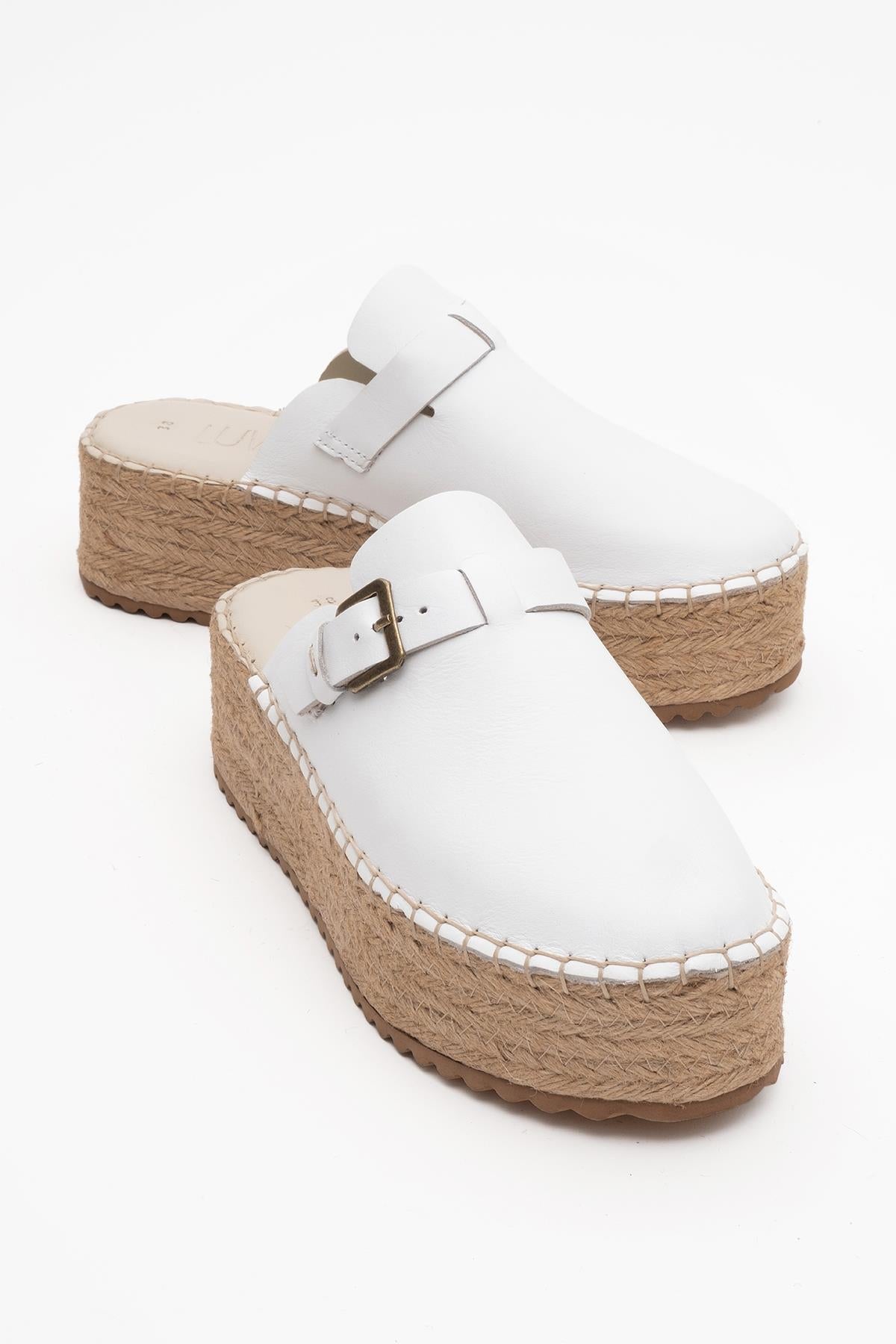 Novas - White Leather Platform Espadrille Mule – front three-quarter view showing leather, white, red, Vowalisse