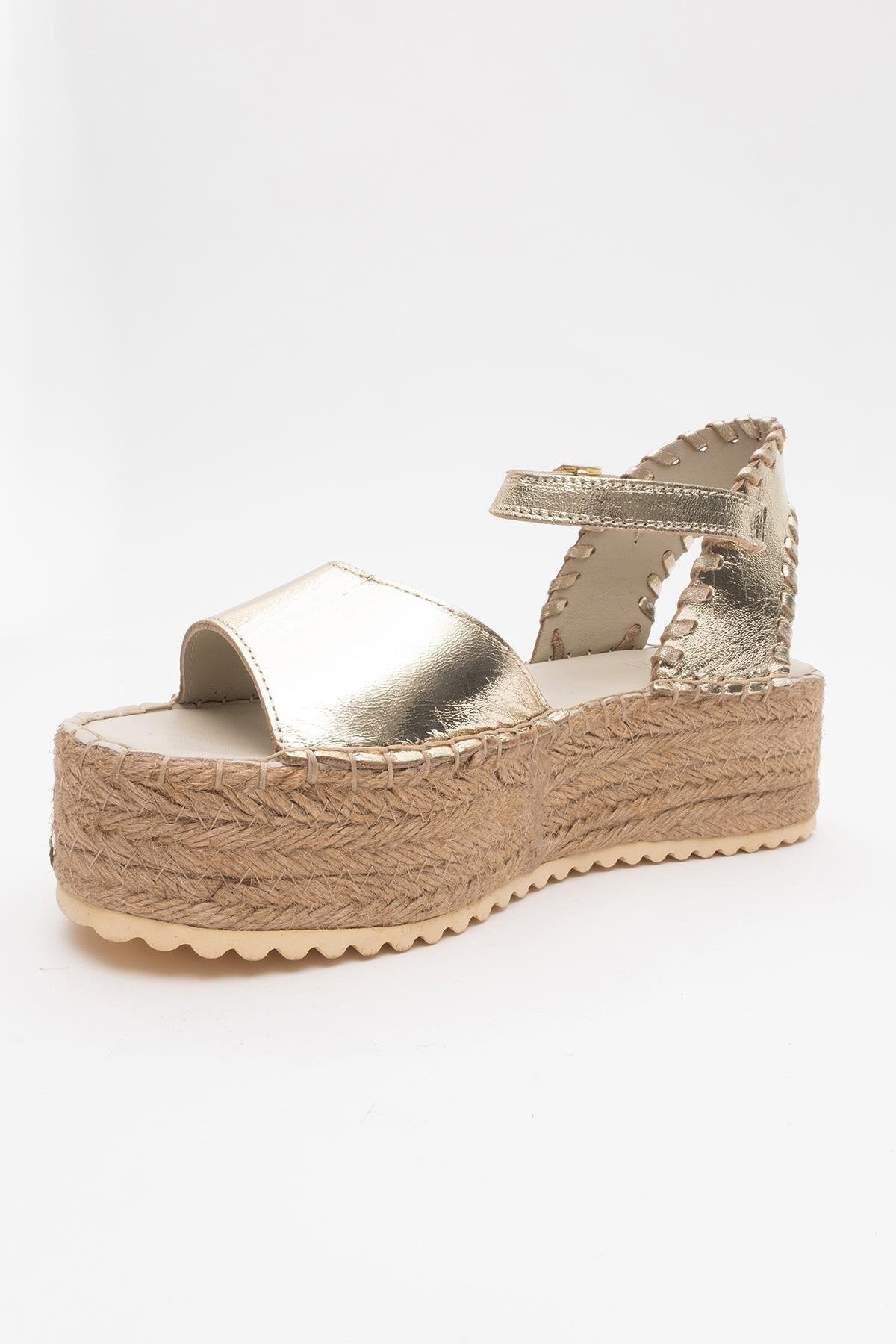 Serez - Gold Leather Platform Espadrilles Sandal – detail view showing leather, gold, red, Vowalisse