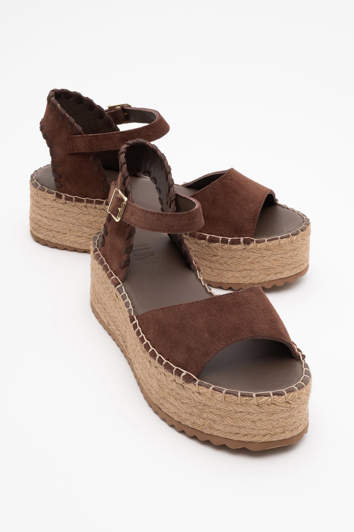 Serez - Brown Suede Leather Platform Espadrilles Sandal – front three-quarter view showing leather, suede, red, Vowalisse