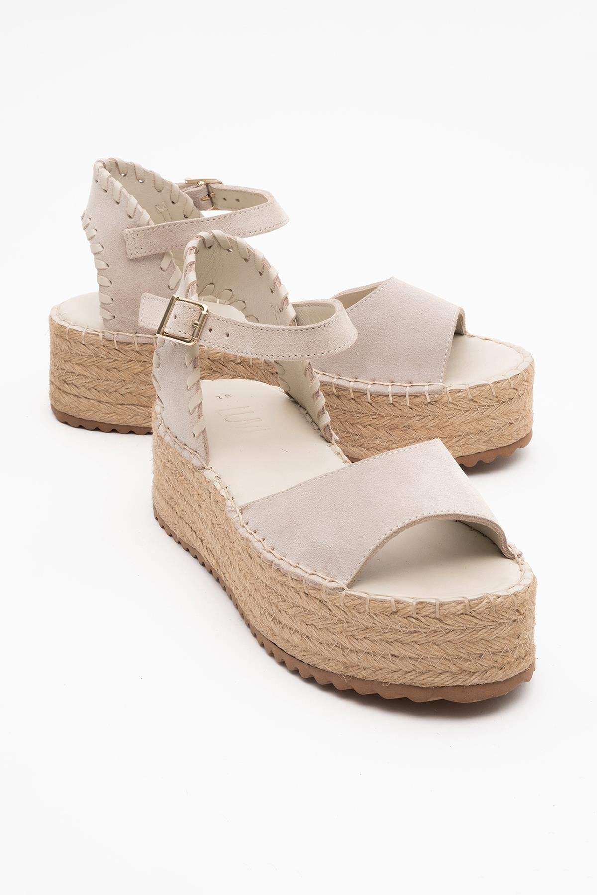 Serez - Beige Suede Leather Platform Espadrilles Sandal – front three-quarter view showing leather, suede, red, Vowalisse