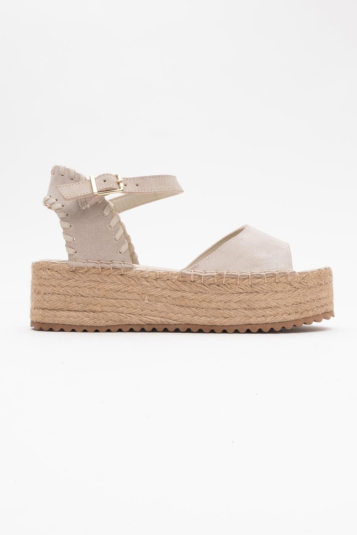 Serez - Beige Suede Leather Platform Espadrilles Sandal – back view showing leather, suede, red, Vowalisse
