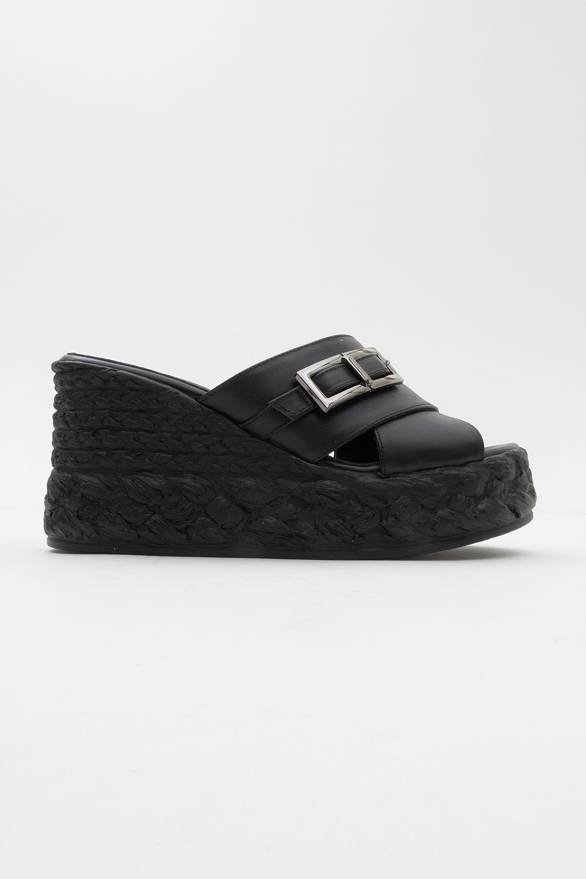 Palmas - Black Leather Platform Sandal – heel view showing leather, black, Vowalisse