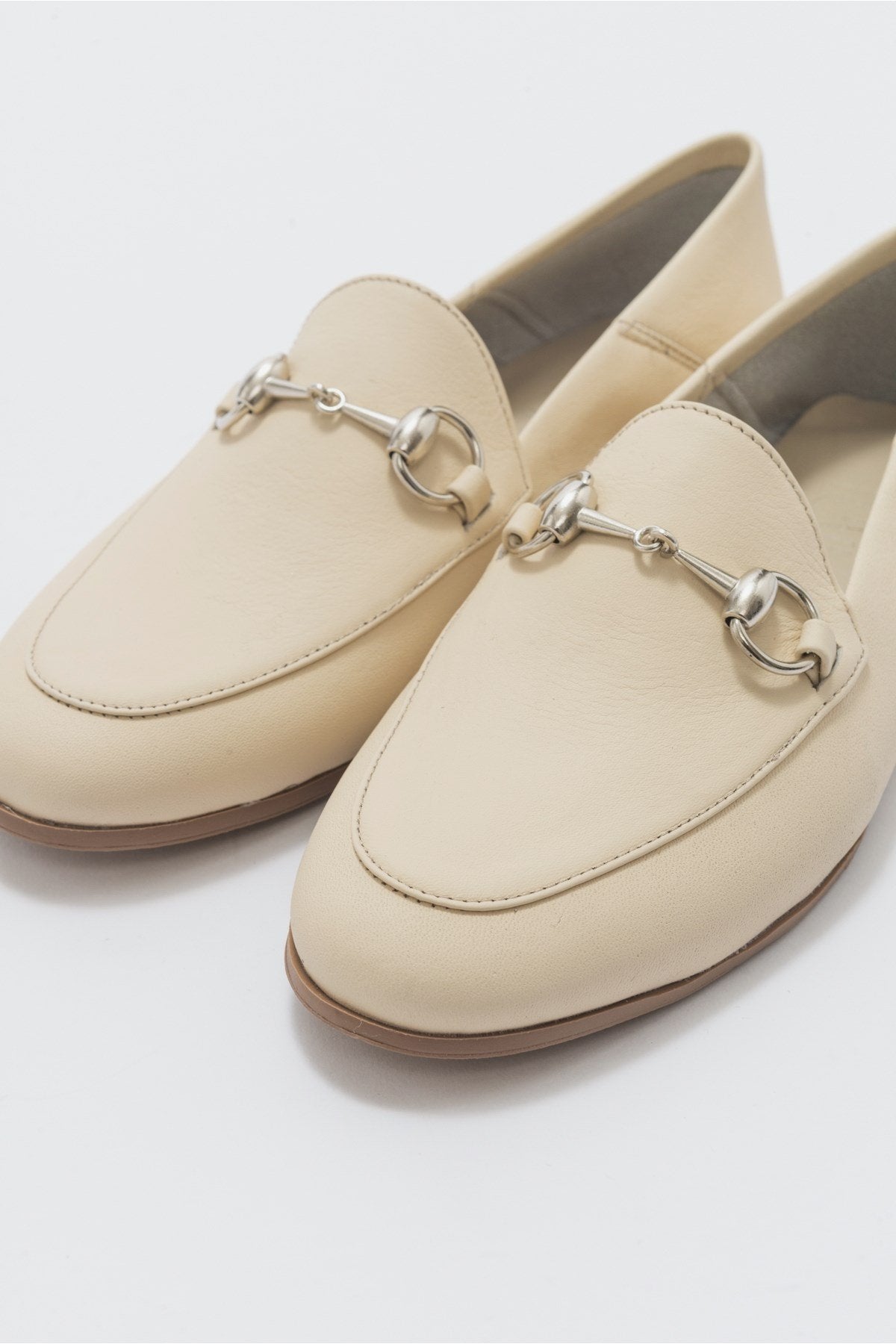 Penny - Beige Leather Horsebit Loafers – detail view showing leather, suede, Vowalisse