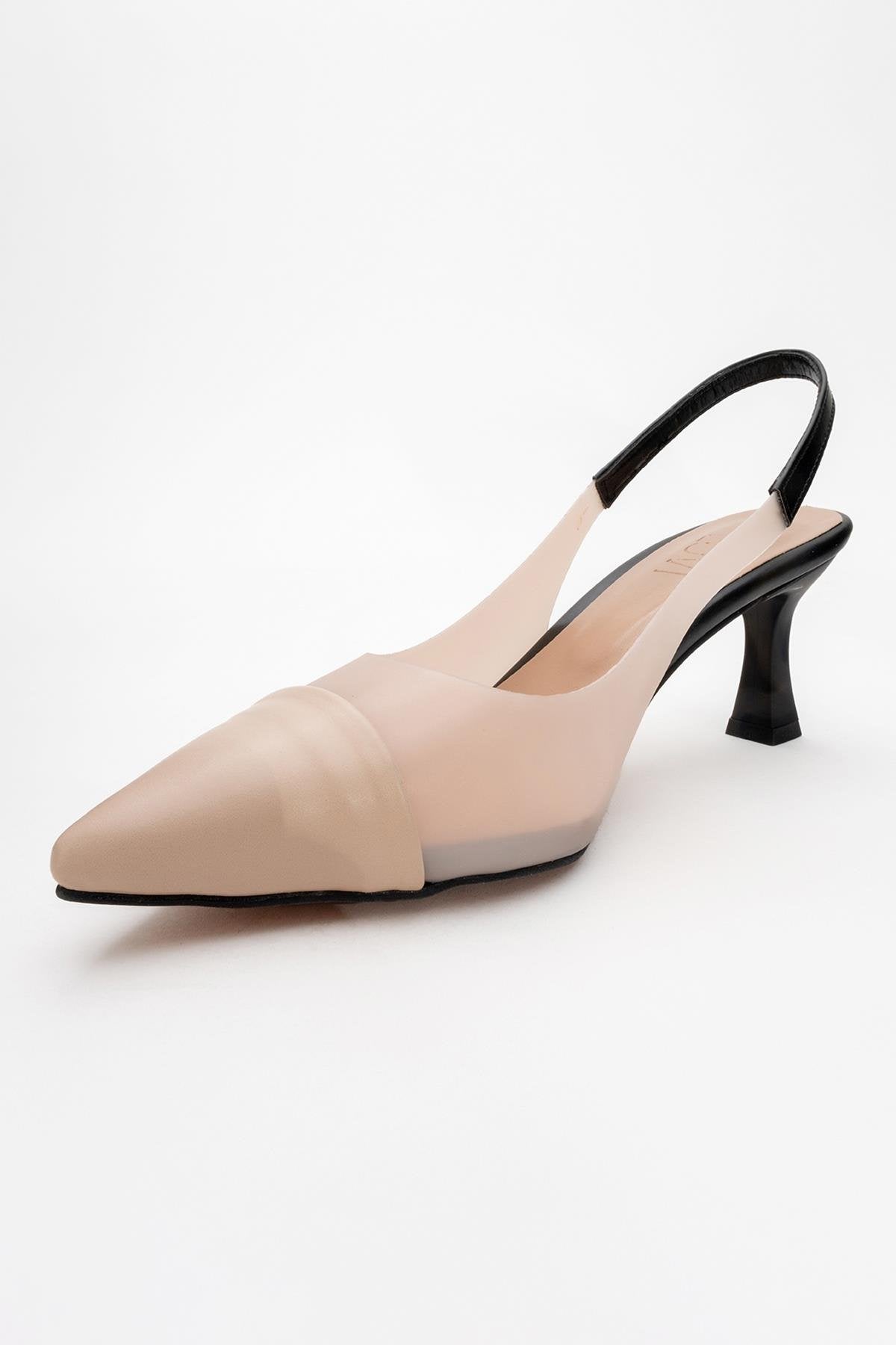 Moore - Nude/Black Transparent Open-Back Pointed Toe High Heel – detail view showing leather, black, nude, Vowalisse