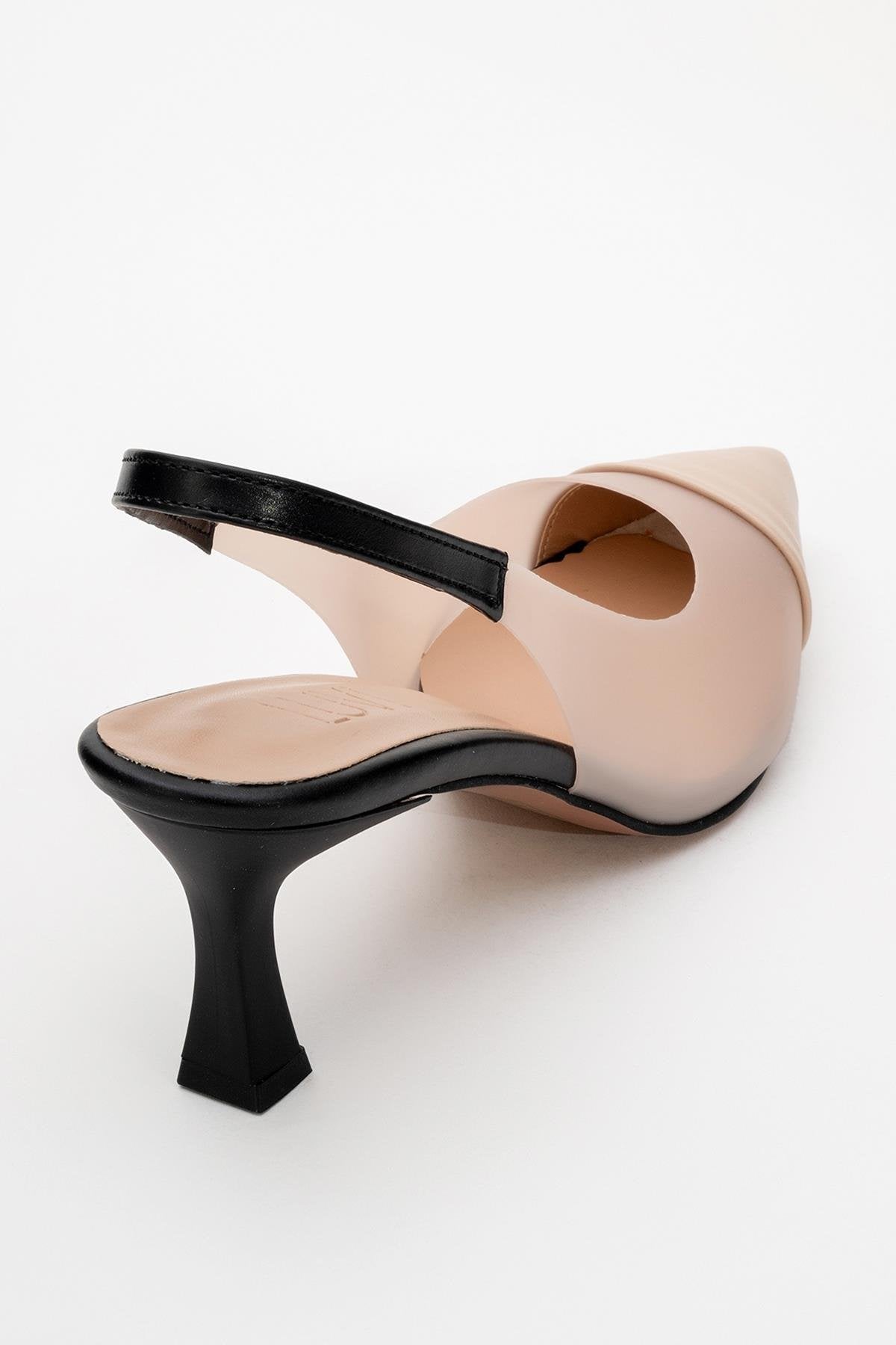 Moore - Nude/Black Transparent Open-Back Pointed Toe High Heel – heel view showing leather, black, nude, Vowalisse