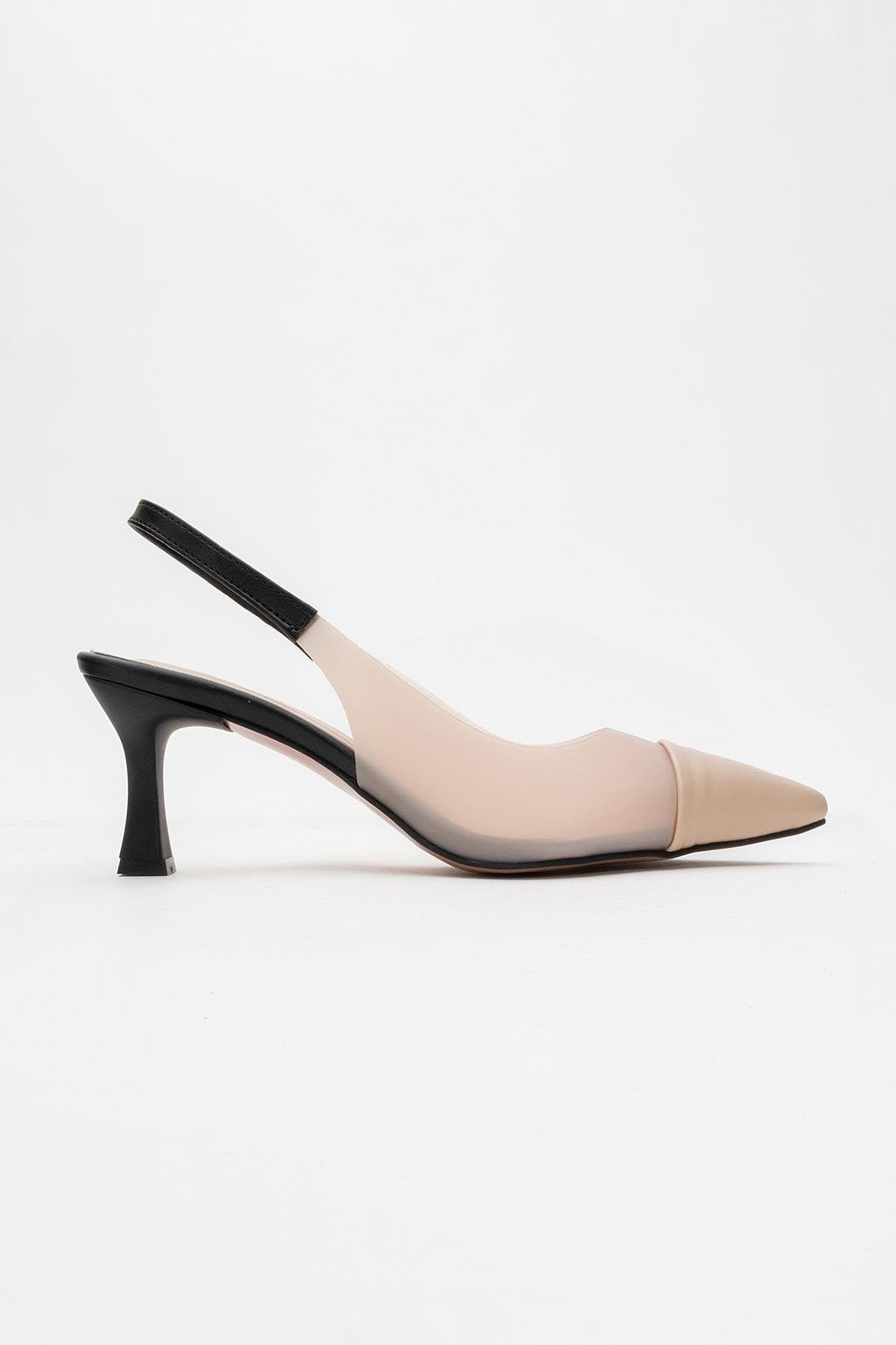 Moore - Nude/Black Transparent Open-Back Pointed Toe High Heel – back view showing leather, black, nude, Vowalisse