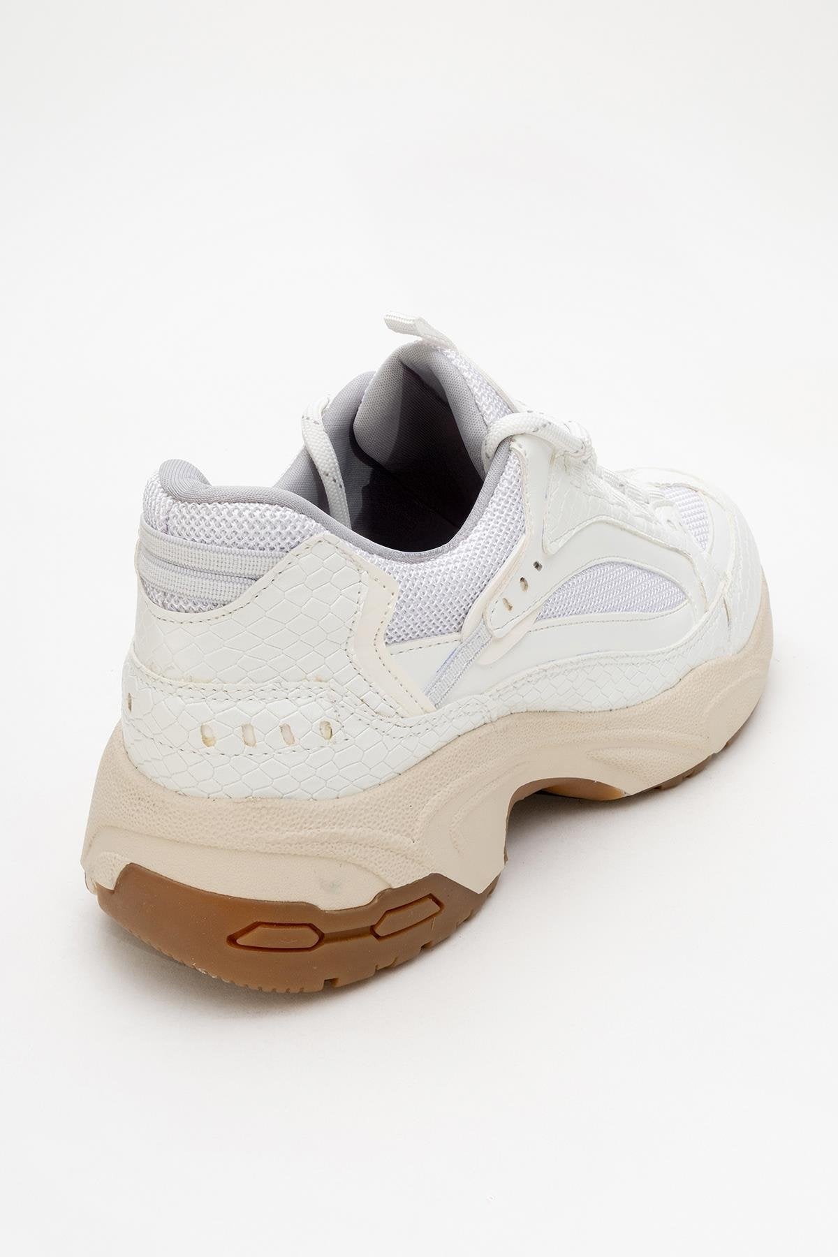 Bambi - White Printed Mesh Sneaker – heel view showing leather, mesh, white, Vowalisse