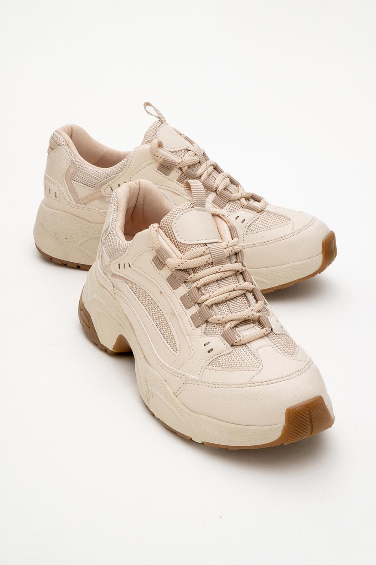 Bambi - Beige Printed Mesh Sneaker – front three-quarter view showing leather, mesh, Vowalisse