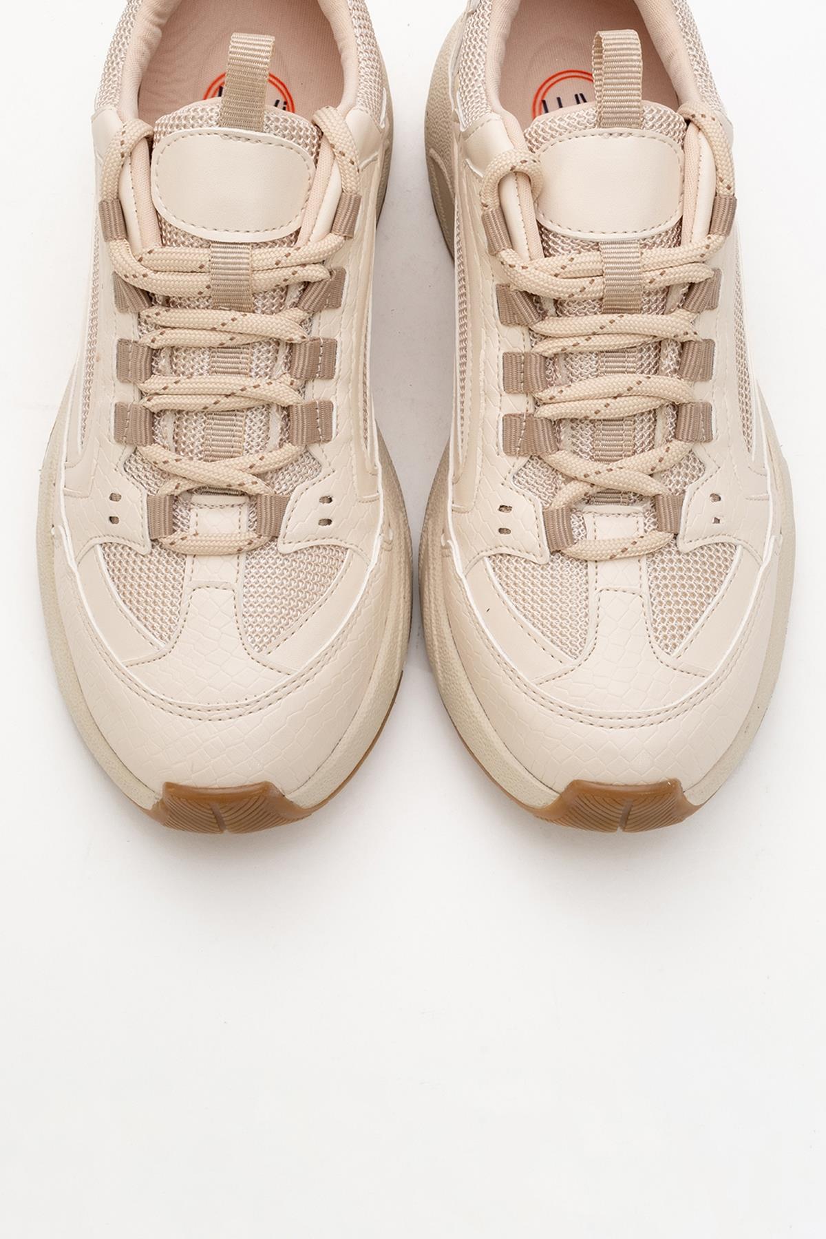 Bambi - Beige Printed Mesh Sneaker – side view showing leather, mesh, Vowalisse