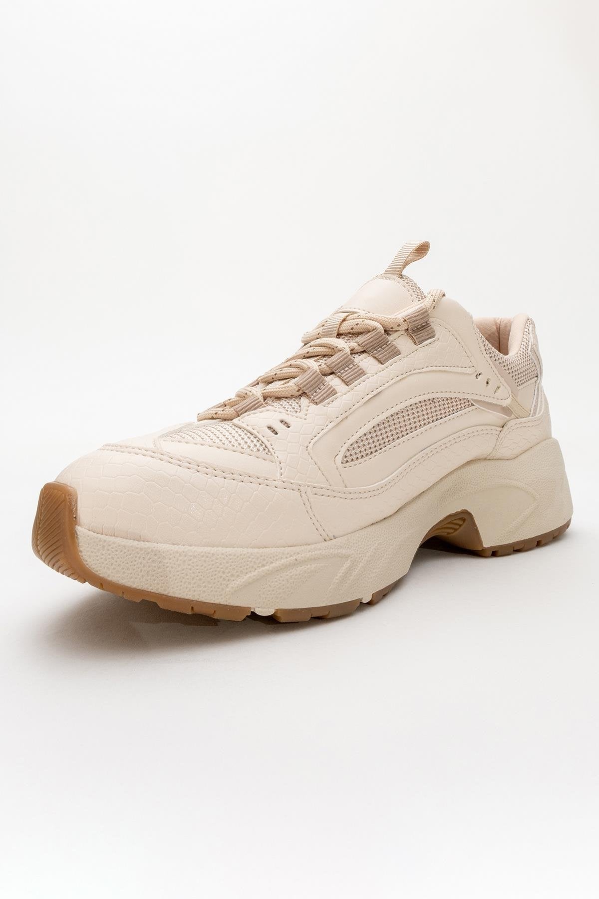 Bambi - Beige Printed Mesh Sneaker – detail view showing leather, mesh, Vowalisse
