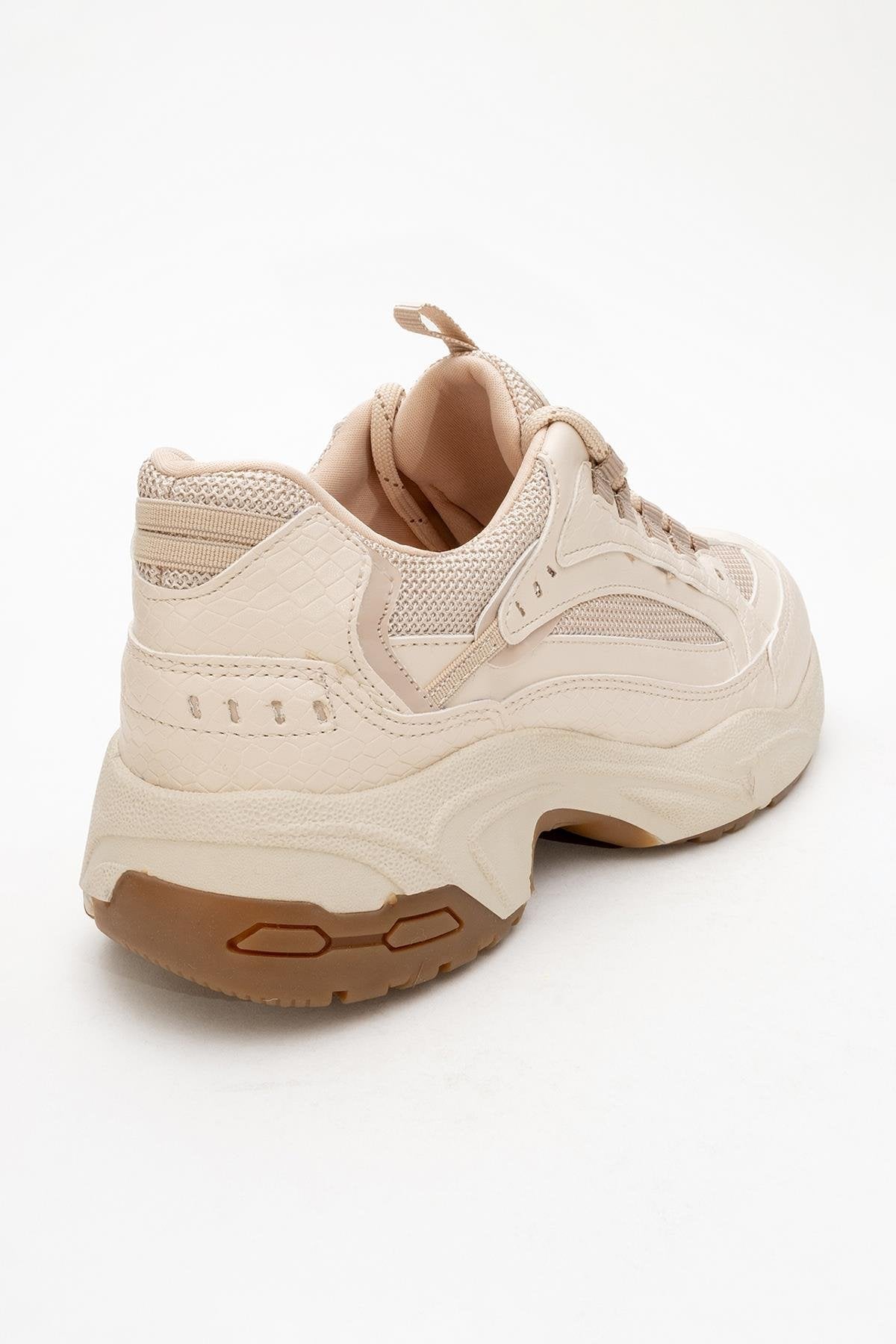 Bambi - Beige Printed Mesh Sneaker – heel view showing leather, mesh, Vowalisse