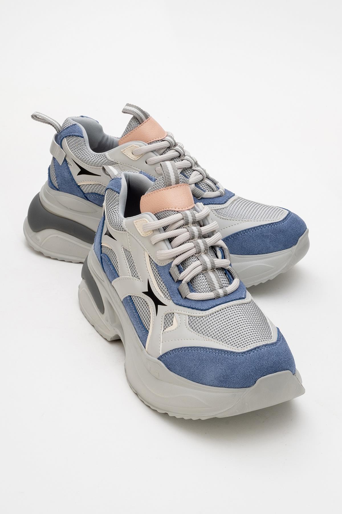 Marron - Blue Gray Sneaker – front three-quarter view showing leather, blue, Vowalisse