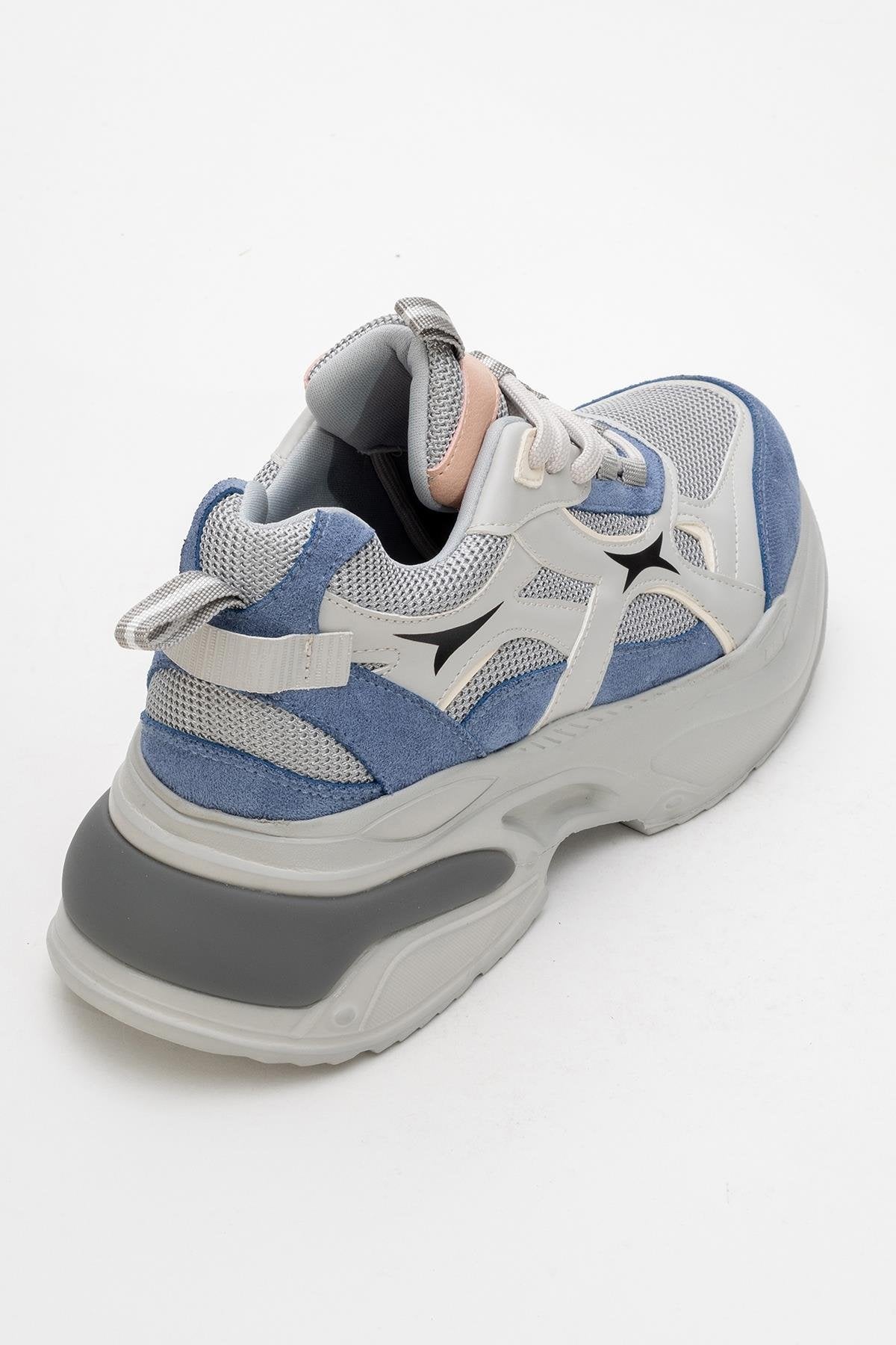 Marron - Blue Gray Sneaker – heel view showing leather, blue, Vowalisse