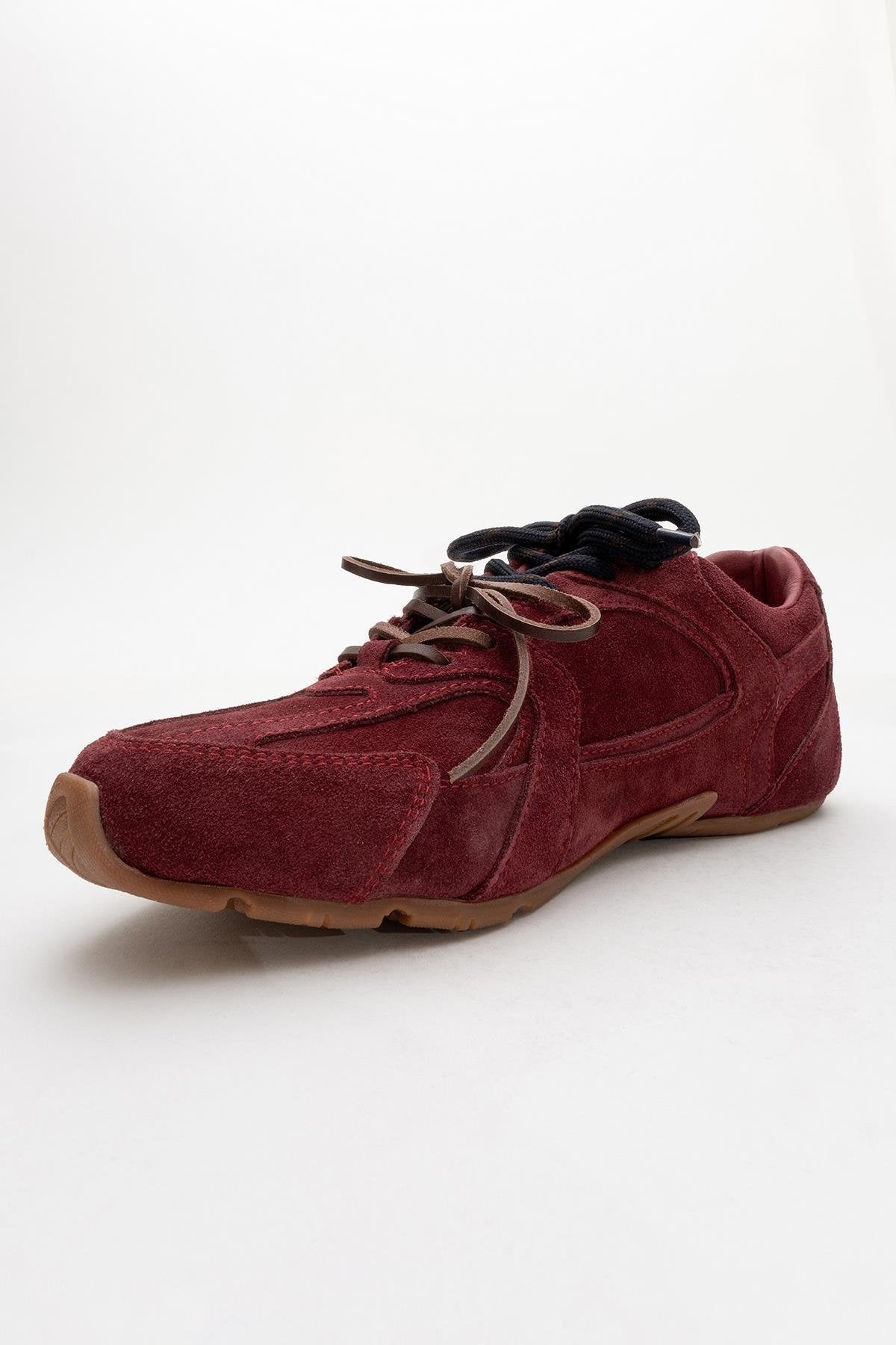 Selena - Burdungy Suede Leather Sneakers – detail view showing leather, suede, red, Vowalisse