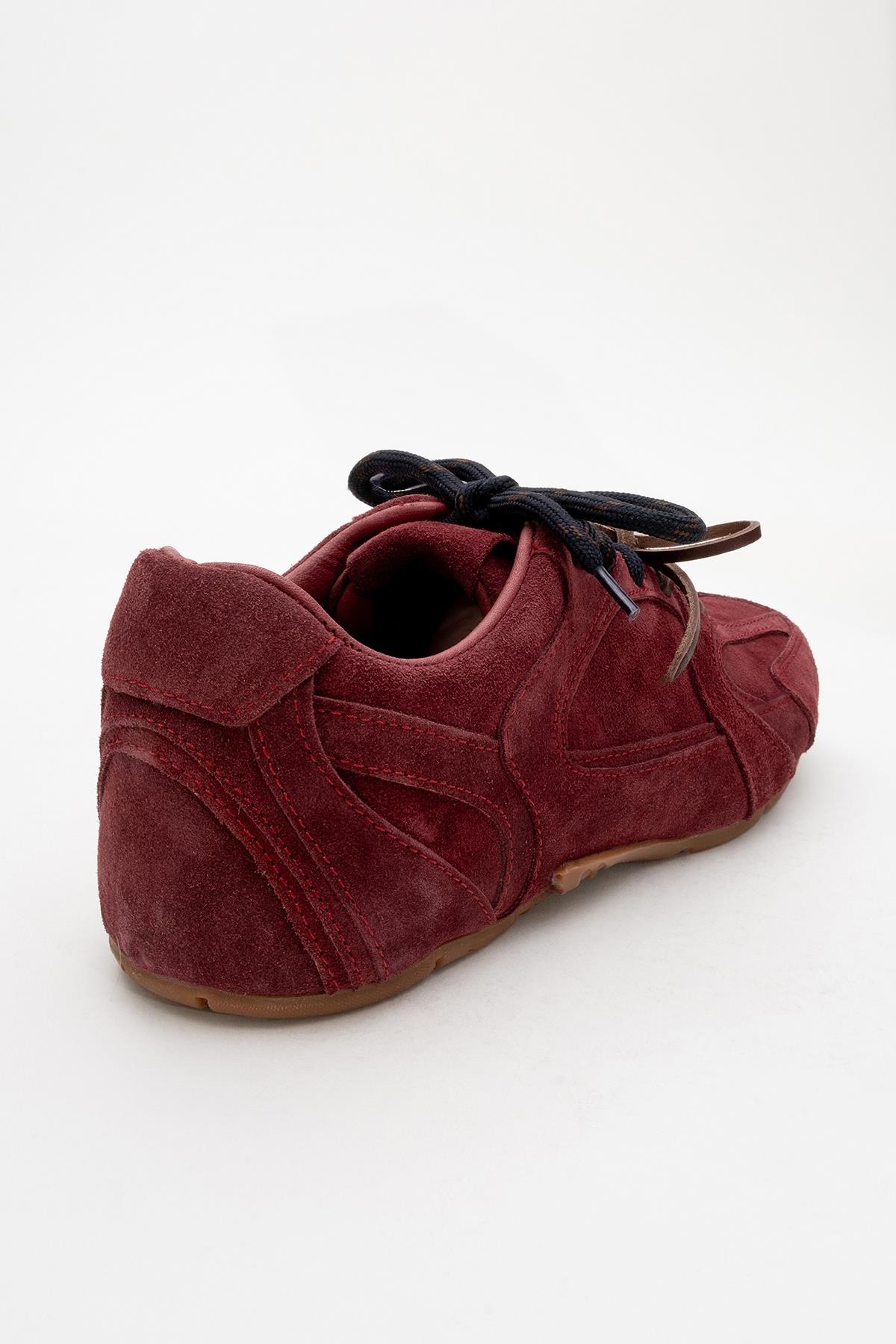 Selena - Burdungy Suede Leather Sneakers – heel view showing leather, suede, red, Vowalisse