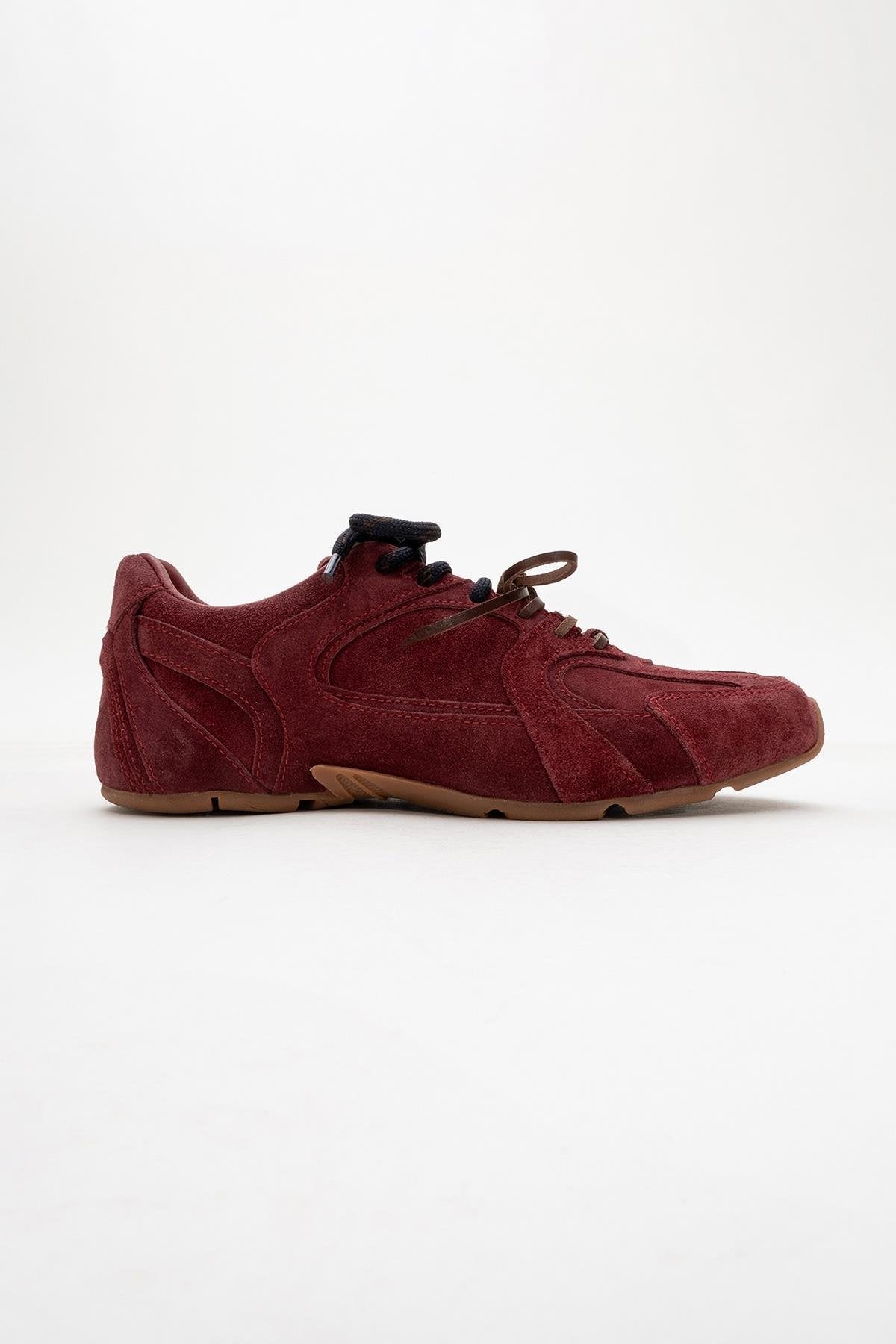 Selena - Burdungy Suede Leather Sneakers – back view showing leather, suede, red, Vowalisse