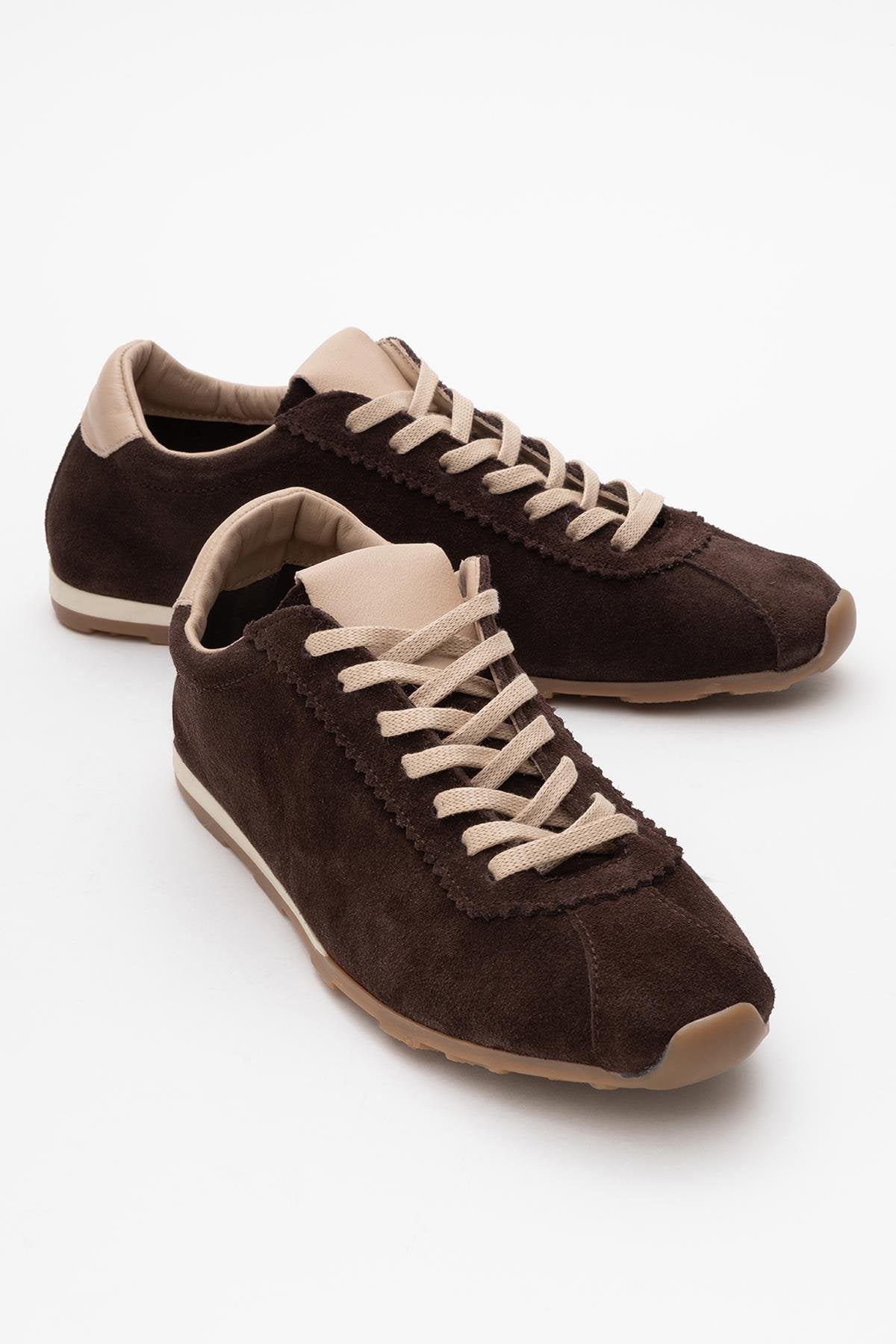 Crea - Dark Brown Leather Sneakers – front three-quarter view showing leather, red, Vowalisse