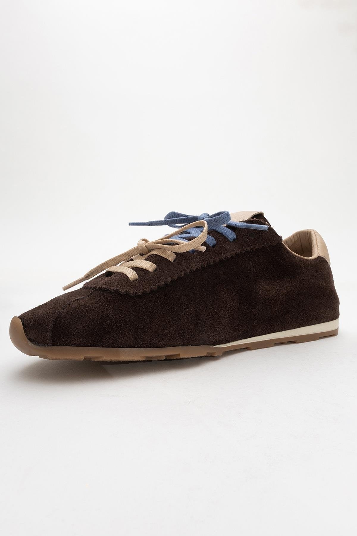 Crea - Dark Brown Leather Sneakers – heel view showing leather, red, Vowalisse