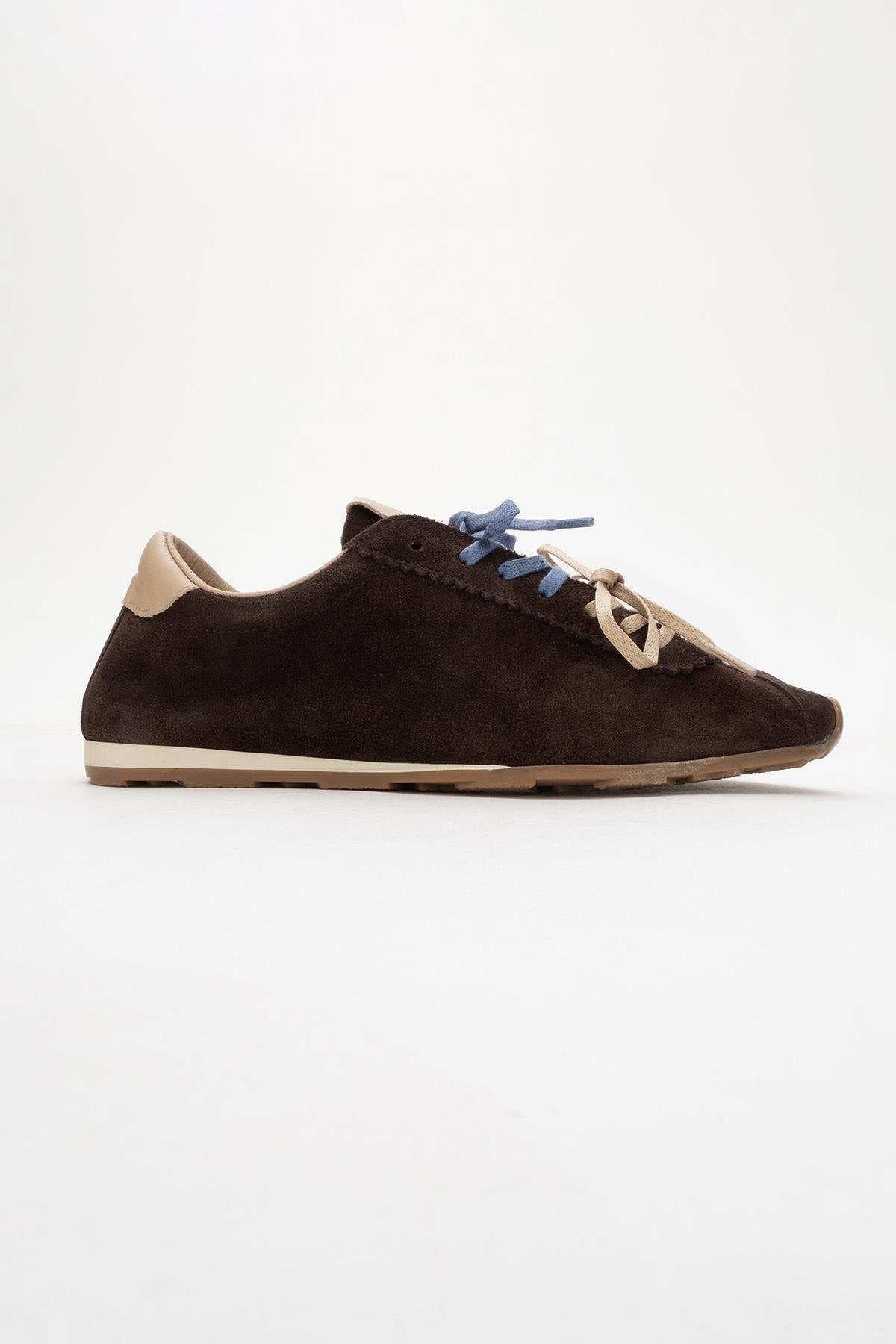 Crea - Dark Brown Leather Sneakers – top view showing leather, red, Vowalisse