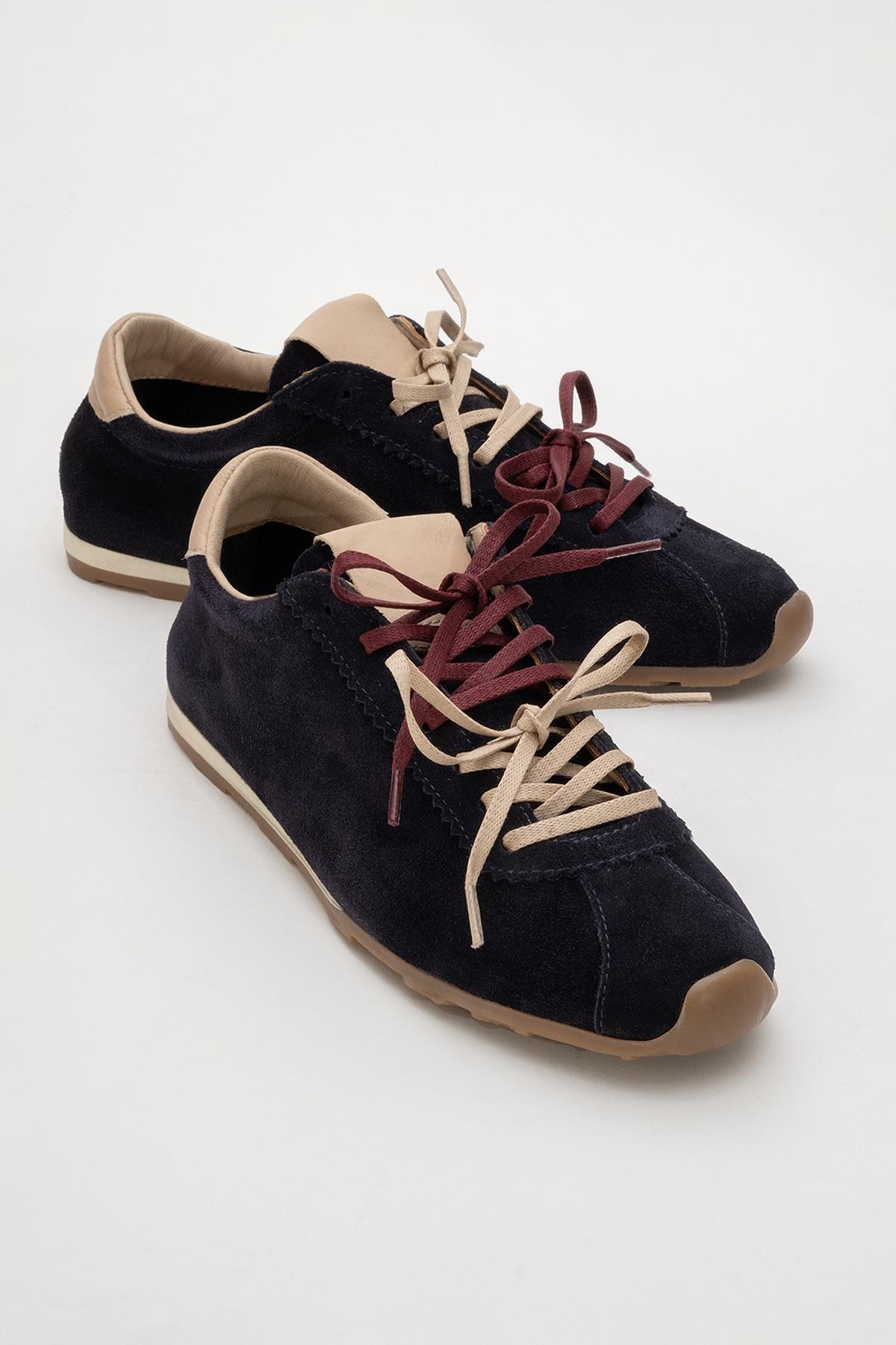 Crea - Navy Leather Sneakers – side view showing leather, red, Vowalisse
