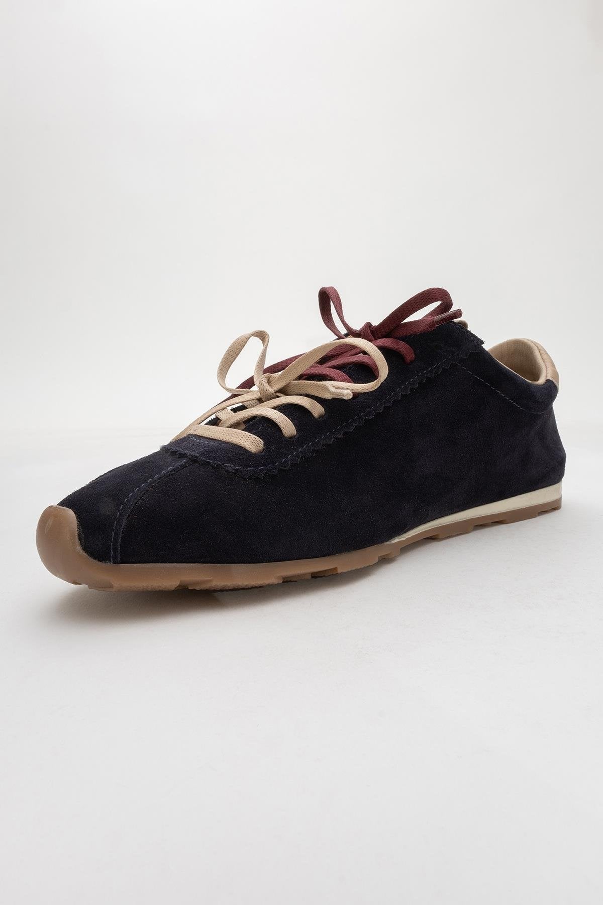 Crea - Navy Leather Sneakers – heel view showing leather, red, Vowalisse