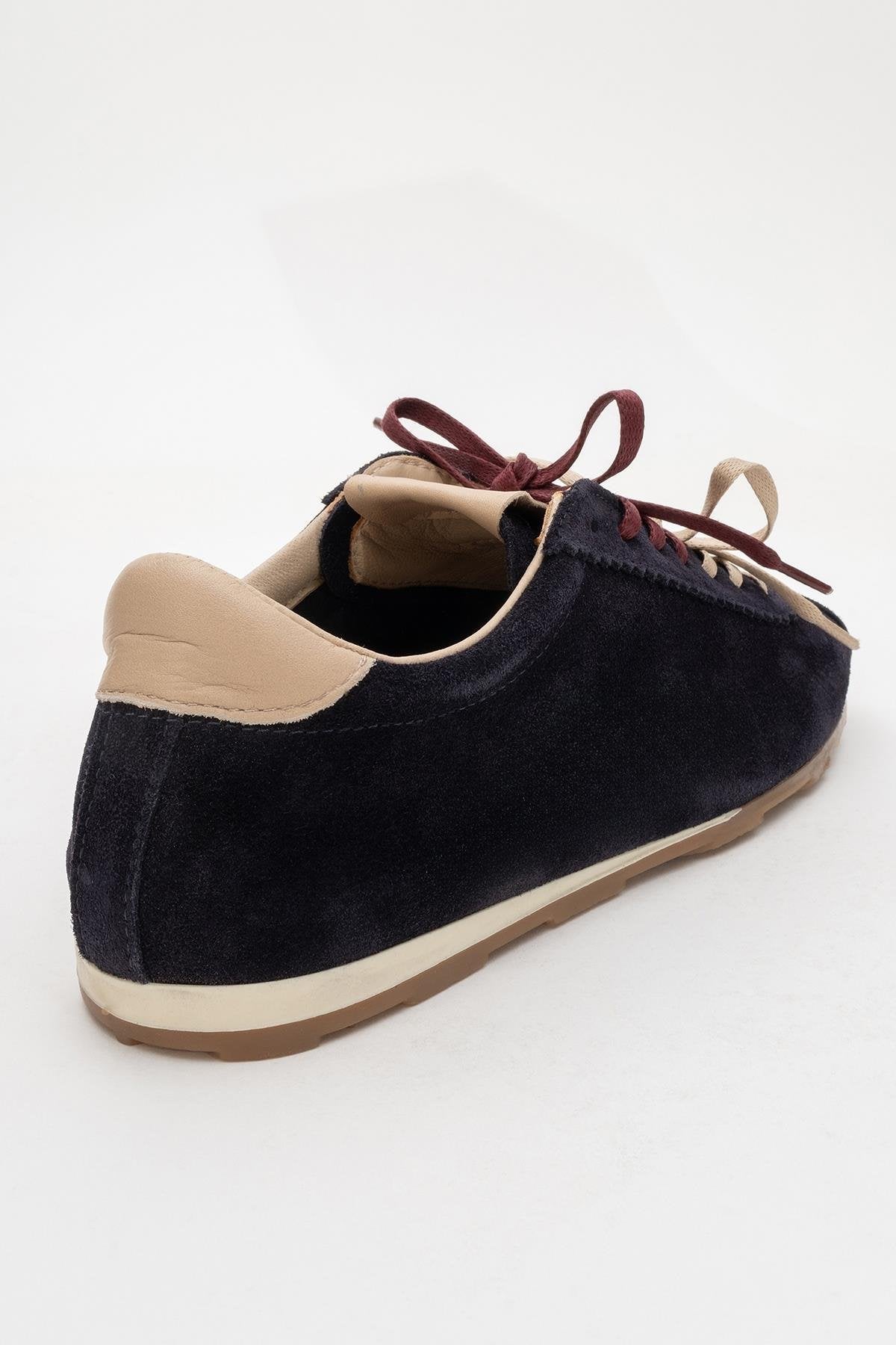 Crea - Navy Leather Sneakers – back view showing leather, red, Vowalisse