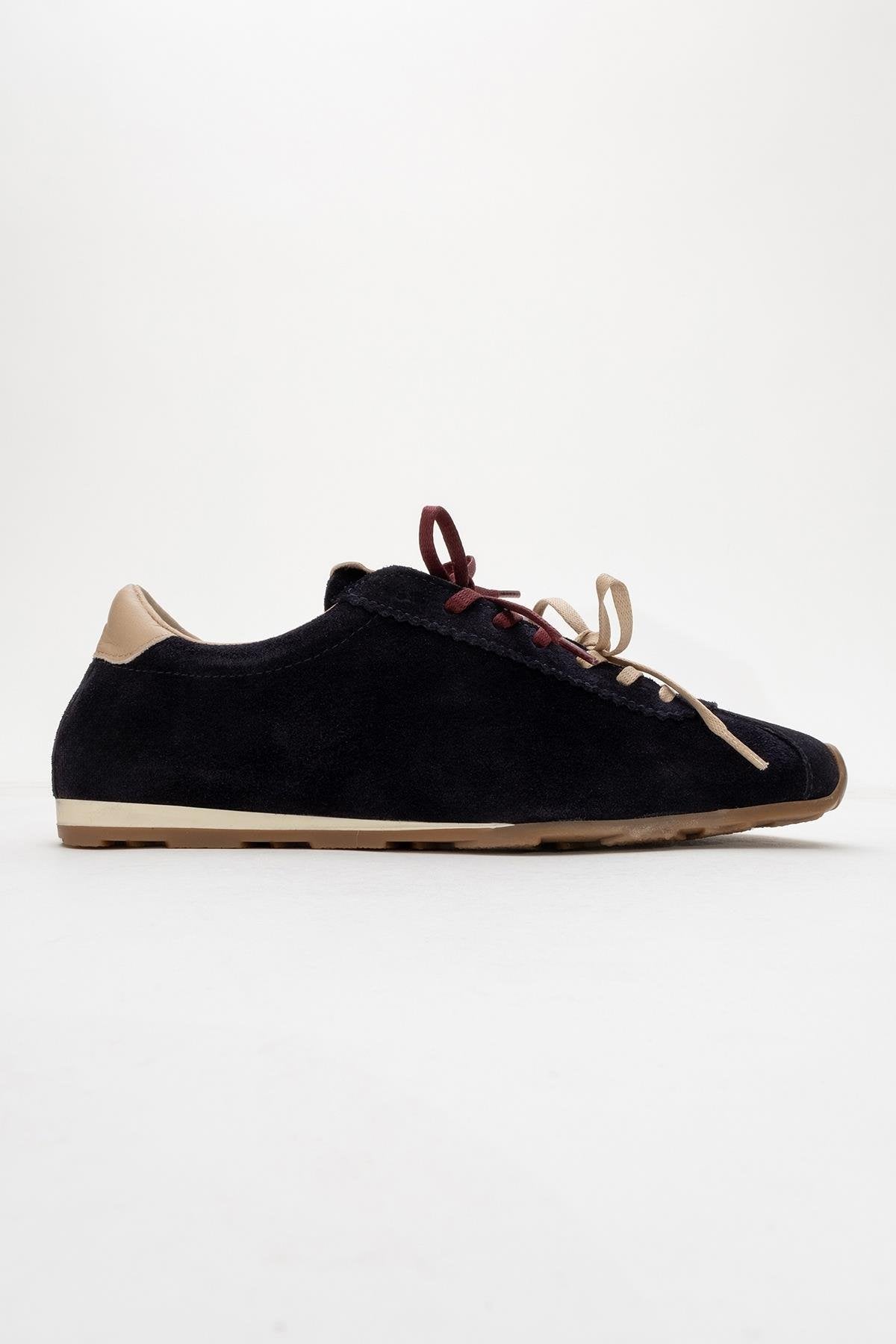 Crea - Navy Leather Sneakers – top view showing leather, red, Vowalisse
