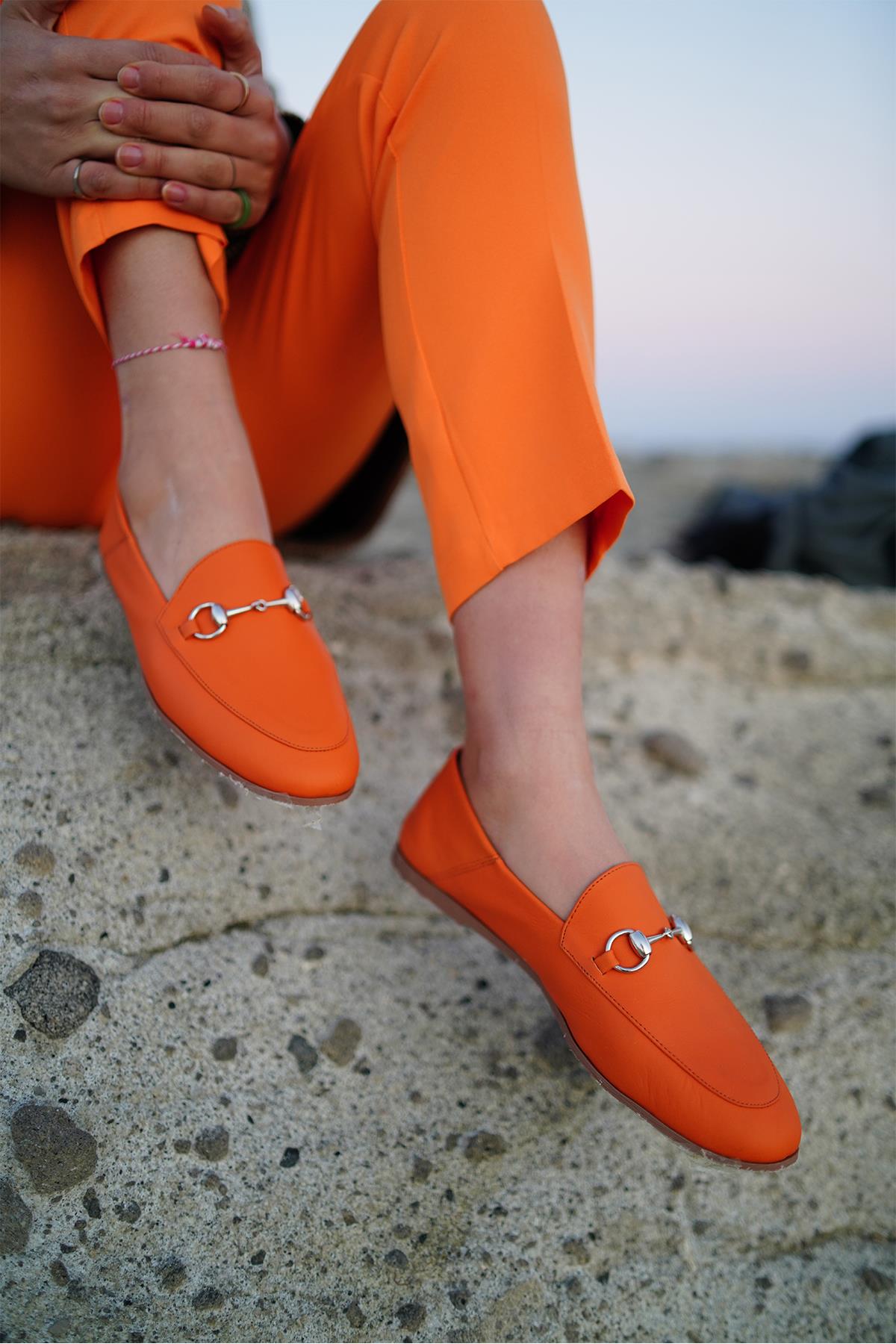 Penny - Neon Orange Leather Horsebit Loafers – front three-quarter view showing leather, suede, Vowalisse