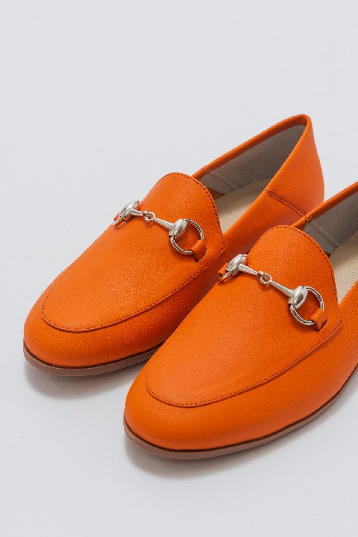 Penny - Neon Orange Leather Horsebit Loafers – detail view showing leather, suede, Vowalisse