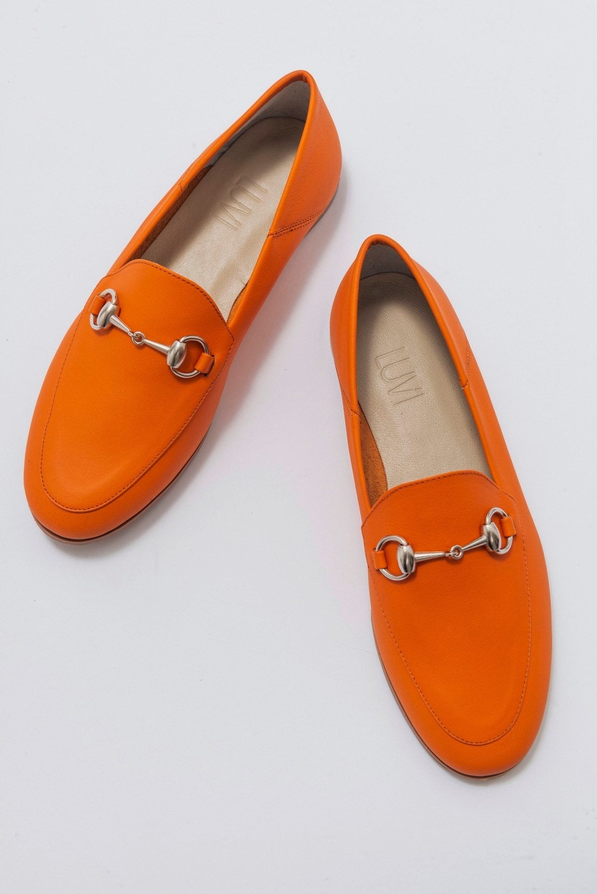 Penny - Neon Orange Leather Horsebit Loafers – back view showing leather, suede, Vowalisse