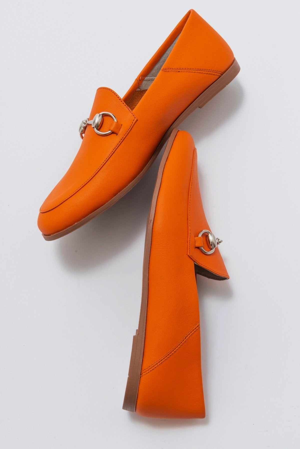 Penny - Neon Orange Leather Horsebit Loafers – top view showing leather, suede, Vowalisse